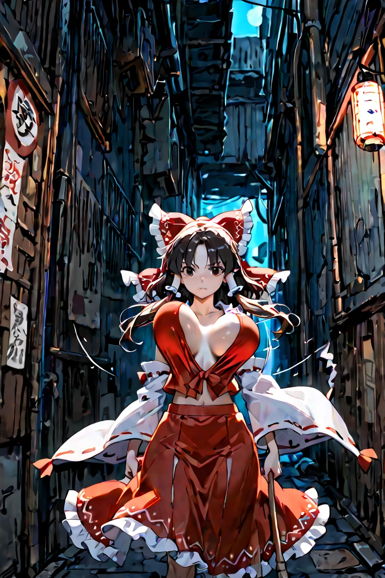 (best quality),(high resolution),(bouncing breasts),(round breasts, breasts apart),(hakurei reimu),(white one piece),(Back Alley,in the middle of the night)