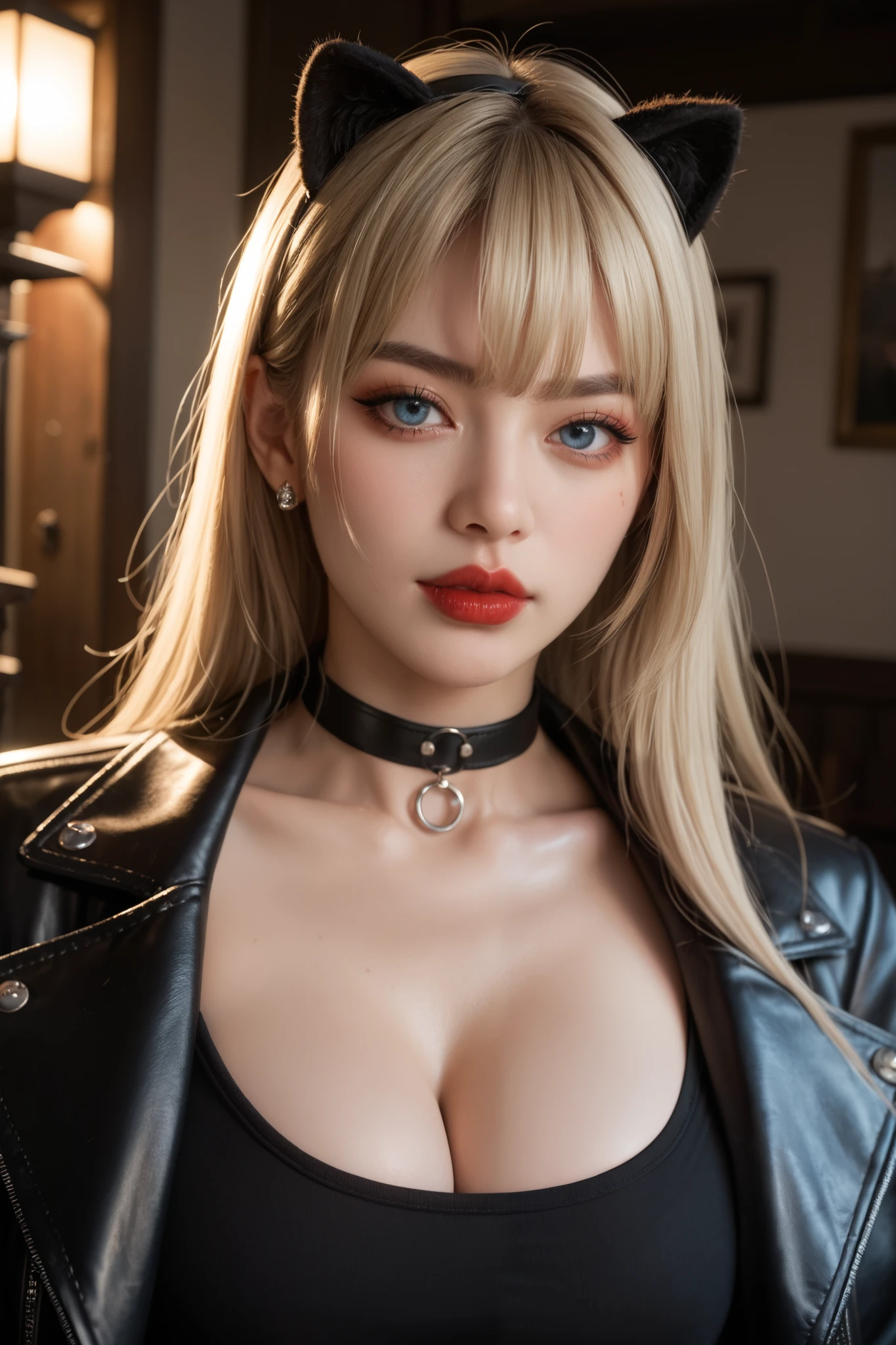 (masterpiece, highres, best quality:1.2), 8K, highly detailed, intricate, colorful, vibrant image, sharp focus, cinematic) blonde hair, long hair, green eyes, body builder (Wearing black business outfit, black_collared shirt cropped jacket ,tie,necktie,black frilled skirt, garter straps, leather waist belt) (big perfect round breasts,hourglass body, thin waist,very thin waist, Photo realistic,(hyperrealistic:1)beautiful, masterpiece, best quality, extremely detailed face,perfect face,beautiful face, perfect lighting,detailed eye makeup, detail face, nice detailed eyes,nice hands, perfect hands,glowing eyes (realistic pupils,realistic iris:1) heavy eye makeup,(empty Casino)(Posing dynamically)