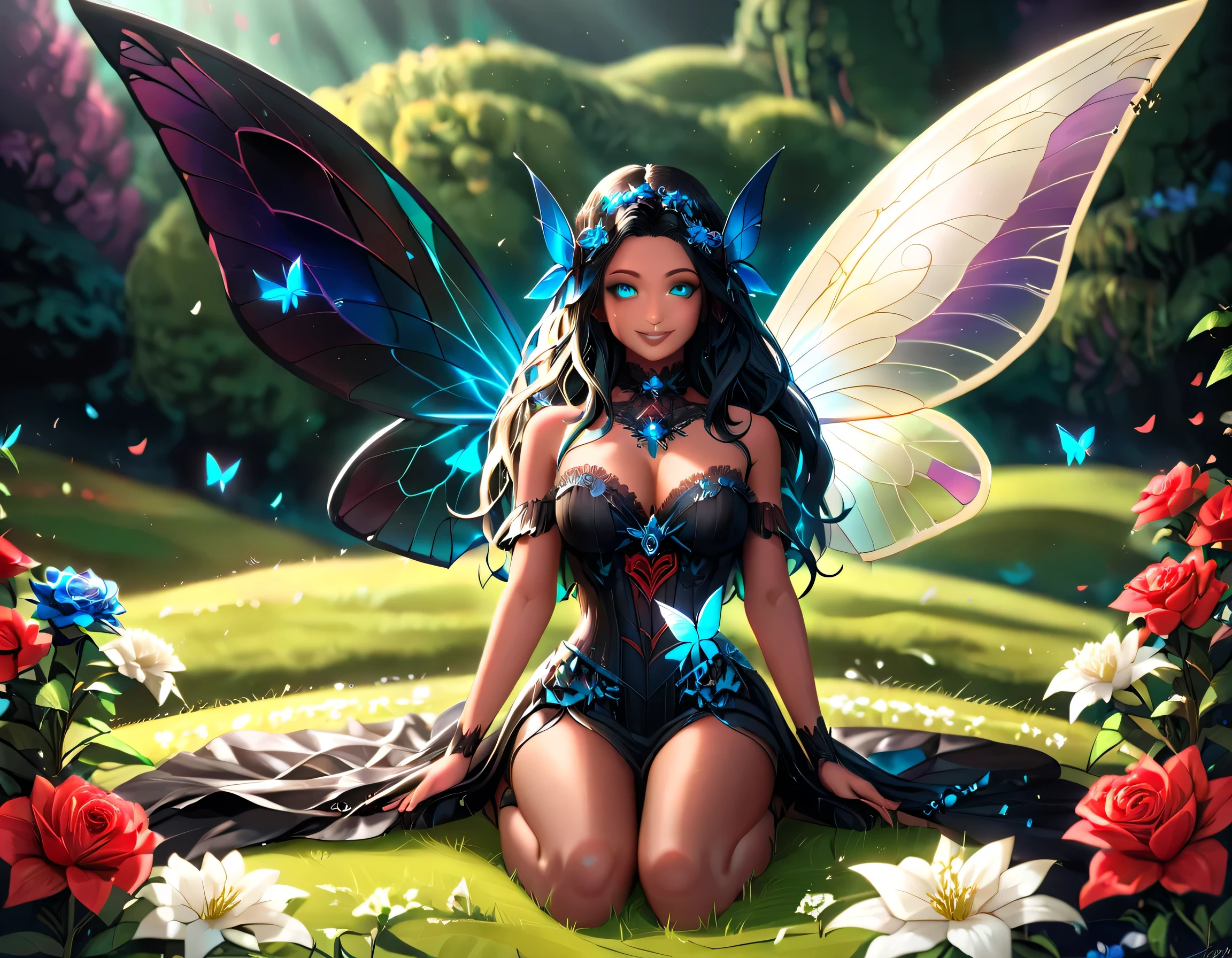Masterpiece, Best Quality, amazing quality, Ultra-realistic, Ultra-precise Photo, Depth of field, super fine, high details, best quality, 16k, RAW, masterpiece, best quality, (extremely detailed), full body, ultra wide shot, photorealistic, dark fantasy art, goth art, RPG art, D&D art, a full body picture of a dark female fairy resting in a flower meadow, extremely beautiful fairy, ultra feminine (intense details, Masterpiece, best quality), best detailed face (intense details, Masterpiece, best quality), having wide butterfly wings, spread butterfly wings (intense details, Masterpiece, best quality), dark colors wings (intense details, Masterpiece, best quality), black hair, long hair, shinning hair, flowing hair, shy smile, innocent smile, blue eyes, dark red lips, wearing ((white: 1.5)) lace dress (intense details, Masterpiece, best quality), ((black lace: 1.5)) corset (intense details, Masterpiece, best quality), dynamic elegant shirt, chocker, wearing high heels, in dark colored flower meadow (intense details, Masterpiece, best quality), (red flowers: 1.2) , (black flowers: 1.2), (white flowers: 1.2), (blue flowers: 1.3) [extreme many flowers] (intense details, Masterpiece, best quality), dark colorful flowers (intense details, Masterpiece, best quality), flower meadow in a dark goth field background, dim light, cinematic light, High Detail, Ultra High Quality, High Resolution, 16K Resolution, Ultra HD Pictures, 3D rendering Ultra Realistic, Clear Details, Realistic Detail, Ultra High Definition, lace drawing, betmd, DonMF41ryW1ng5XL
