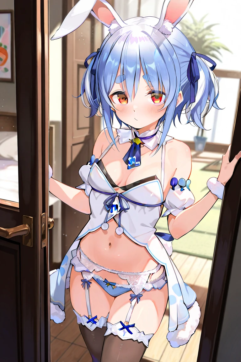 NSFW, in white skirt,Disgusting face,disgust,((bared chest)),(short blue hair) ,(Blue and green eyes),(Heterochromia),Revealing clothes, Lori,small tits,Curvaceous,Exposed genitals,((1man with 1woman,Having sex)), Cowgirl,Viewer's Perspective,A is inserted,High resolution,Best Quality