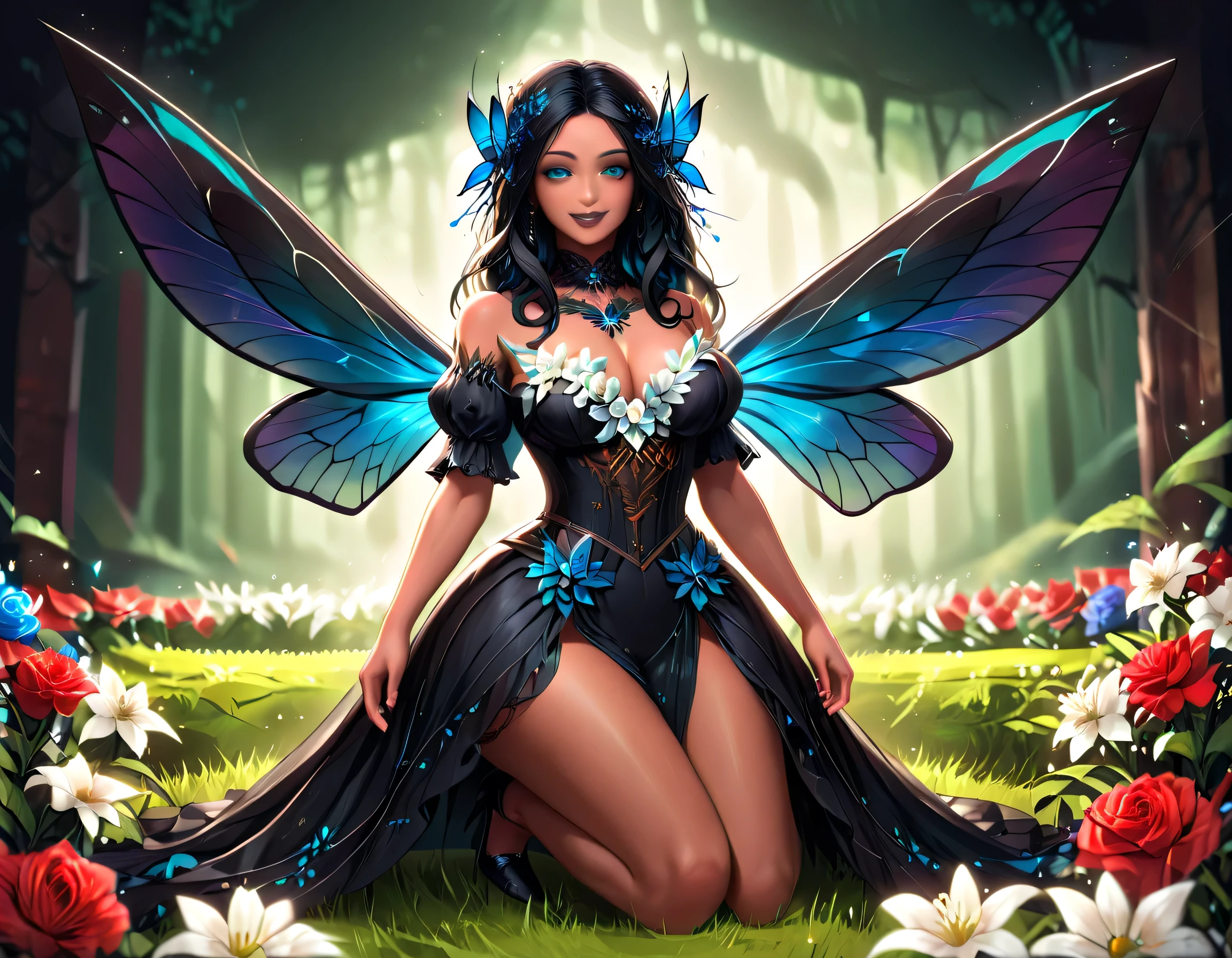 Masterpiece, Best Quality, amazing quality, Ultra-realistic, Ultra-precise Photo, Depth of field, super fine, high details, best quality, 16k, RAW, masterpiece, best quality, (extremely detailed), full body, ultra wide shot, photorealistic, dark fantasy art, goth art, RPG art, D&D art, a full body picture of a dark female fairy resting in a flower meadow, extremely beautiful fairy, ultra feminine (intense details, Masterpiece, best quality), best detailed face (intense details, Masterpiece, best quality), having wide butterfly wings, spread butterfly wings (intense details, Masterpiece, best quality), dark colors wings (intense details, Masterpiece, best quality), black hair, long hair, shinning hair, flowing hair, shy smile, innocent smile, blue eyes, dark red lips, wearing ((white: 1.5)) lace dress (intense details, Masterpiece, best quality), ((black lace: 1.5)) corset (intense details, Masterpiece, best quality), dynamic elegant shirt, chocker, wearing high heels, in dark colored flower meadow (intense details, Masterpiece, best quality), (red flowers: 1.2) , (black flowers: 1.2), (white flowers: 1.2), (blue flowers: 1.3) [extreme many flowers] (intense details, Masterpiece, best quality), dark colorful flowers (intense details, Masterpiece, best quality), flower meadow in a dark goth field background, dim light, cinematic light, High Detail, Ultra High Quality, High Resolution, 16K Resolution, Ultra HD Pictures, 3D rendering Ultra Realistic, Clear Details, Realistic Detail, Ultra High Definition, lace drawing, betmd, DonMF41ryW1ng5XL
