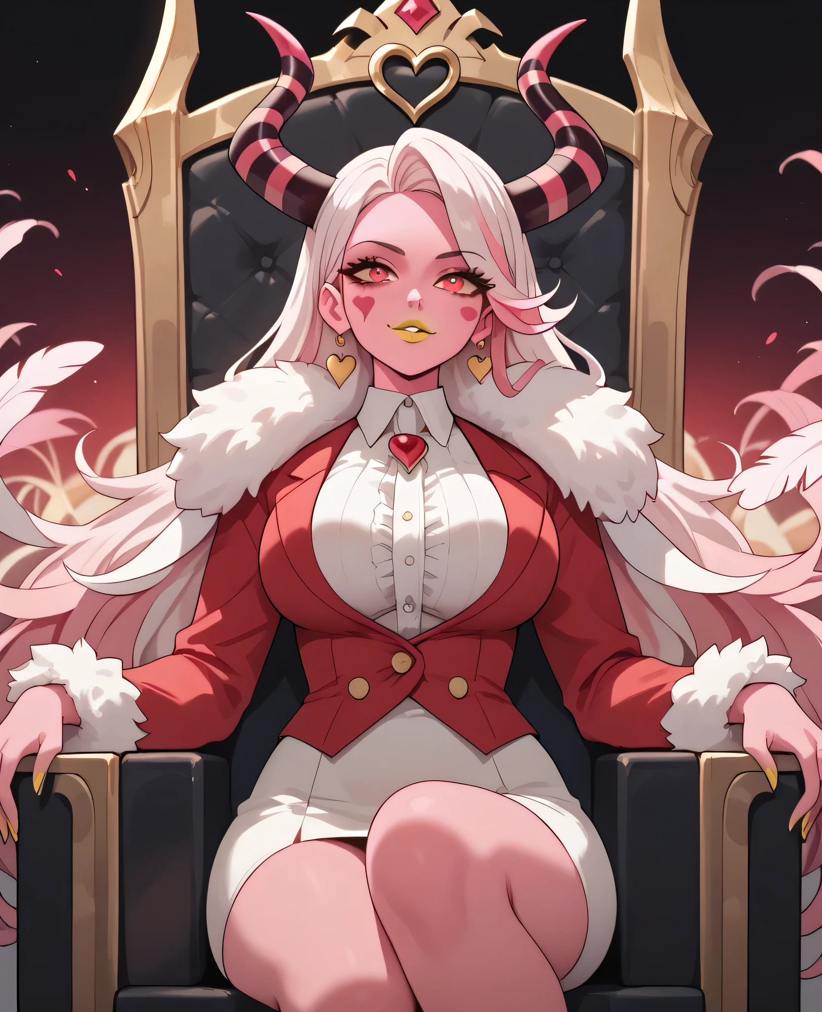 woman, big breasts, yellow lipstick, white hair, light pink hair, multicolored hair, long hair, horns, red eyes, pink skin, fusion, anime style, red suit, sitting on a throne, pink feather scarf, hell, solo, black heart mark on cheek, Charlie 