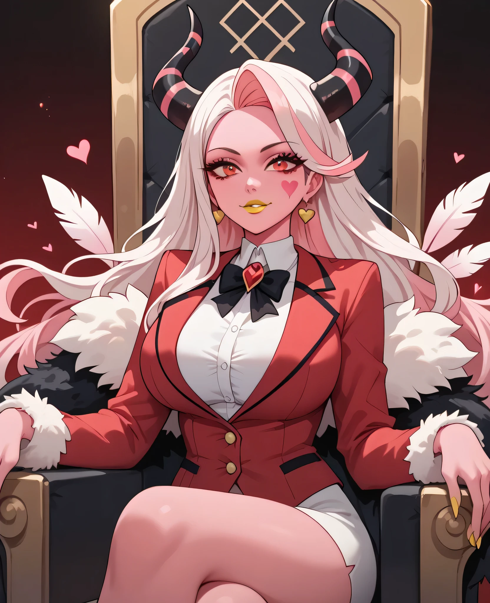 woman, big breasts, yellow lipstick, white hair, light pink hair, multicolored hair, long hair, horns, red eyes, pink skin, fusion, anime style, red suit, sitting on a throne, pink feather scarf, hell, solo, black heart mark on cheek, Charlie 