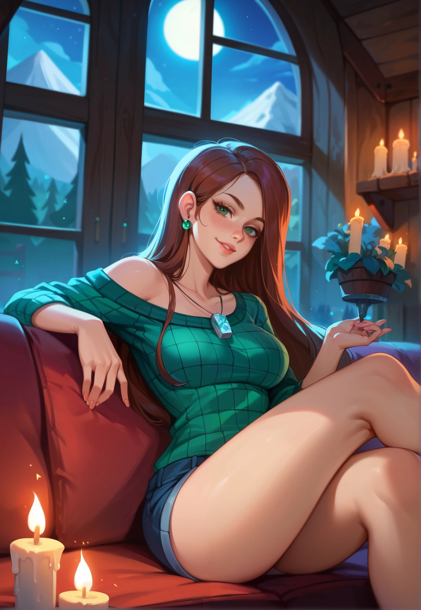 1girl, 4k, Wendy Corduroy, Gravity Falls, vibrant colors, masterpiece, sitting on a couch in a living, sexy pose, close up, BREAK, night time, mountain cottage, candles in the background,