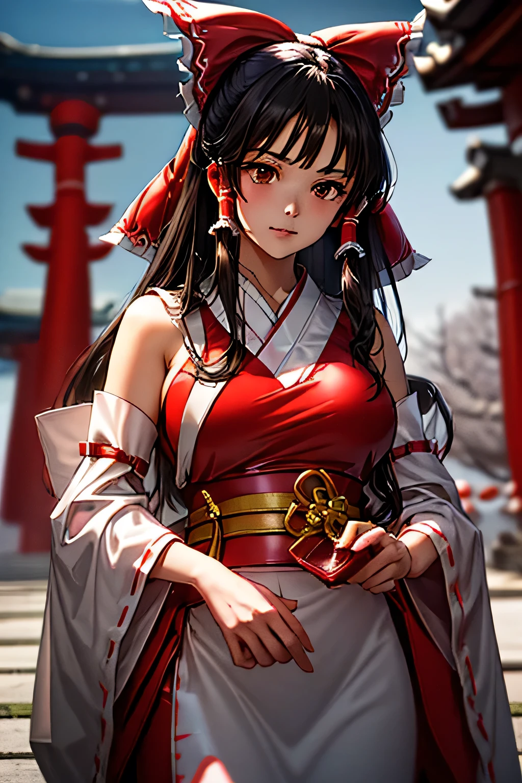 A beautiful Japanese woman in her 30s with long black hair, wearing a traditional miko outfit. The background is a solid pink color. The art style is a combination of acrylic painting and anime, focusing on a close-up of her face and upper body. Her expression is calm and gentle, with large expressive eyes and subtle blush on her cheeks. The miko outfit includes a white kimono top with red hakama pants.