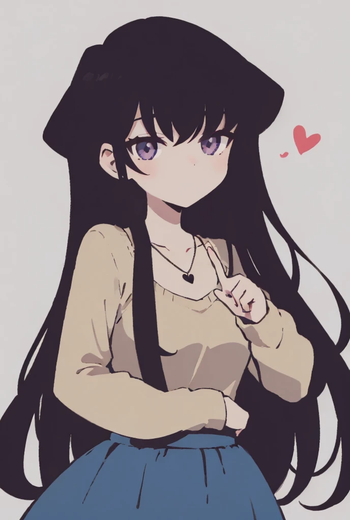 Make a cute girl similar to Komi Shouko but let her wear a white wool sweater and a long blue skirt plus she has a heart necklace and a ring on one finger