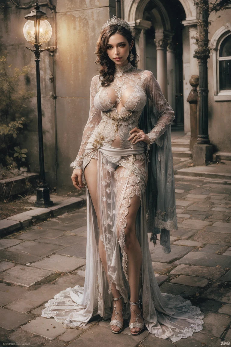 masterpiece,  portrait of a surrealist woman,   fantasy art,   realism, Dynamic Lighting,   art station  , Poster,    volumetric optics and tonfers ,  Very elaborate face ,  Dark Eyes, 輝く瞳,4K,    award  ,   1 girl,   discreet  ,   Full Body Shots  , (Formal Wear: 1.4, white lace dress ), Street lamp,   dark brown hair  ,Lac34rmor , look at viewers, gigantic breast, panties pulled aside fuck