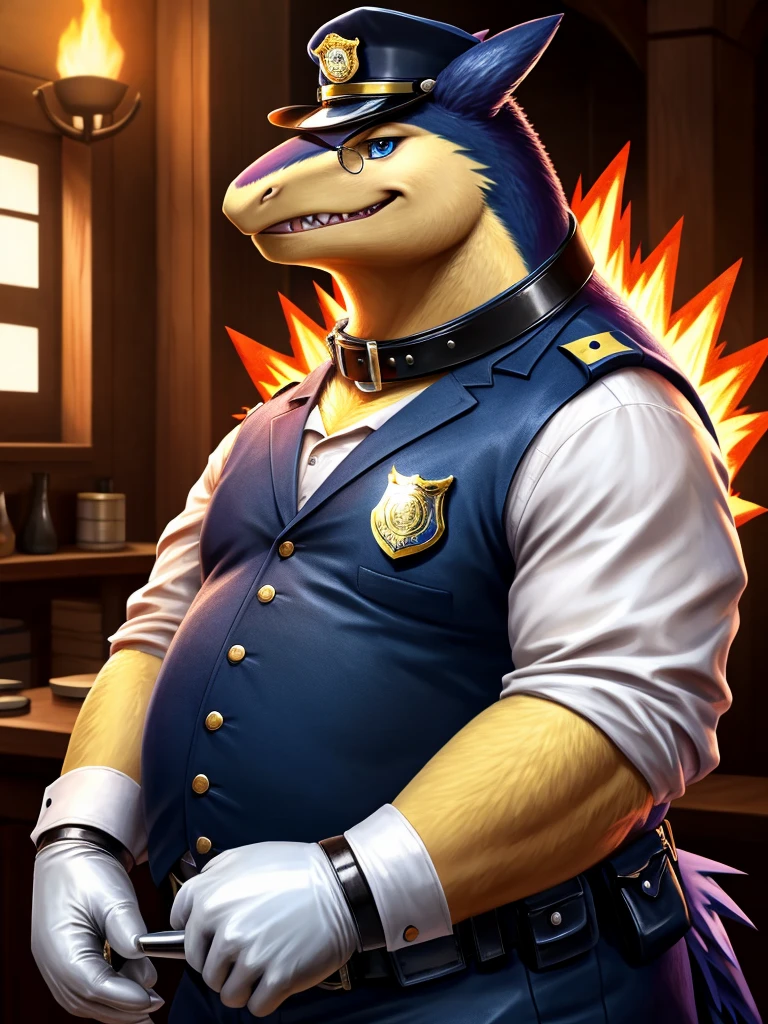 Solo, Male, fat, squatting, extremely obese, gentleman, dapper Typhlosion, pooping in diaper, blue eyes, (soft shading), 4k, hi res, ((detailed face, detailed)), looking at viewer, evil grin, police station, collared shirt with buttons, hat, male focus, Police Uniform, glasses, monocle, vest with buttons, sleeves rolled up, round eyewear, headwear, vest, Typhlosion is wearing a glossy leather dog collar around the neck, Typhlosion is wearing the leather collar and shirt and vest at the same time, Typhlosion is wearing glossy white rubber gloves on the hands, wearing white rubber gloves on the feet, gloves are rubber in texture, mouth wide open, evil laugh, clenching fists, leather collar is glossy and shiny with a lot of detail, Typhlosion is wearing gloves and leather collar at the same time, leather collar has a round dog-tag, leather collar is thick and detailed, white rubber gloves on the feet, Typhlosion is wearing gloves and leather collar at the same time, leather collar has a round dog-tag, leather collar is thick and detailed, leather collar is glossy and shiny, fancy clothing, dapper vest, dapper shirt, leather collar is thick, glossy leather collar, Typhlosion is wearing a dirty diaper