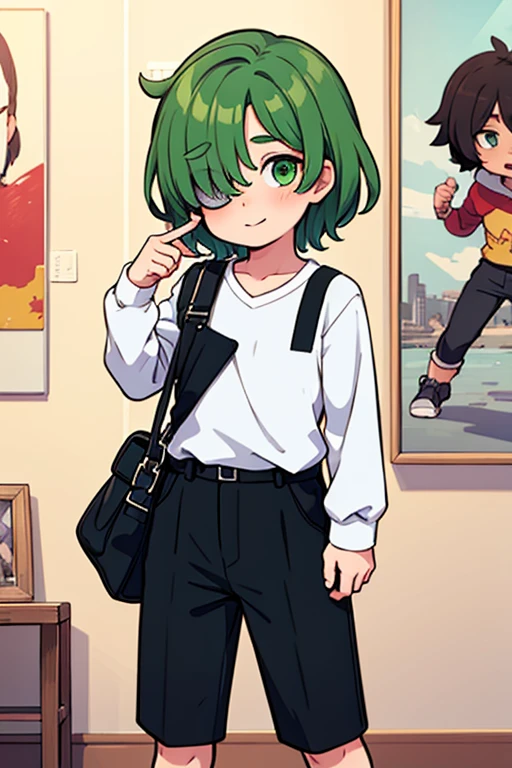 Cute shota boy, hair covering one eye, detailed body, clothes, green eyes, modern art, best quality 