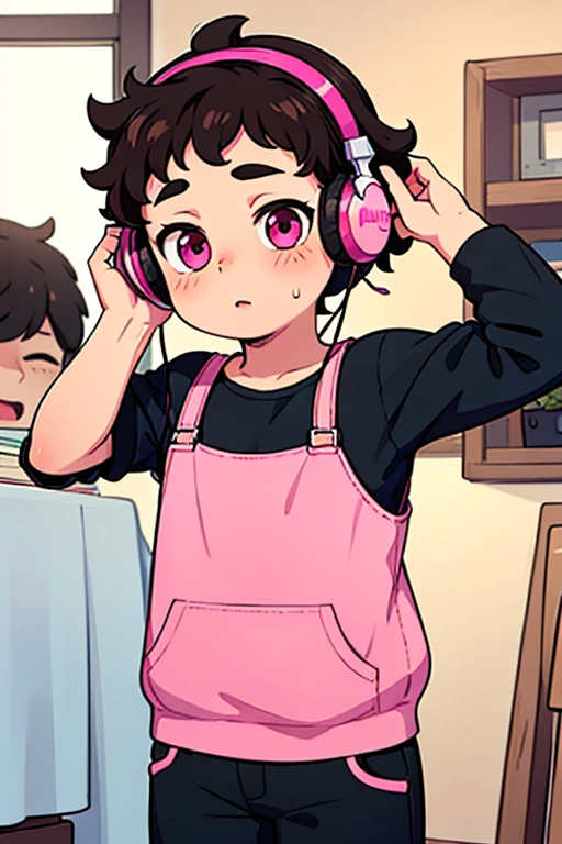 Young man, shota, alone, cute facial expressions, thick hair, detailed body, clothes, pink eyes, headphones on the head, art of speaking, best quality 