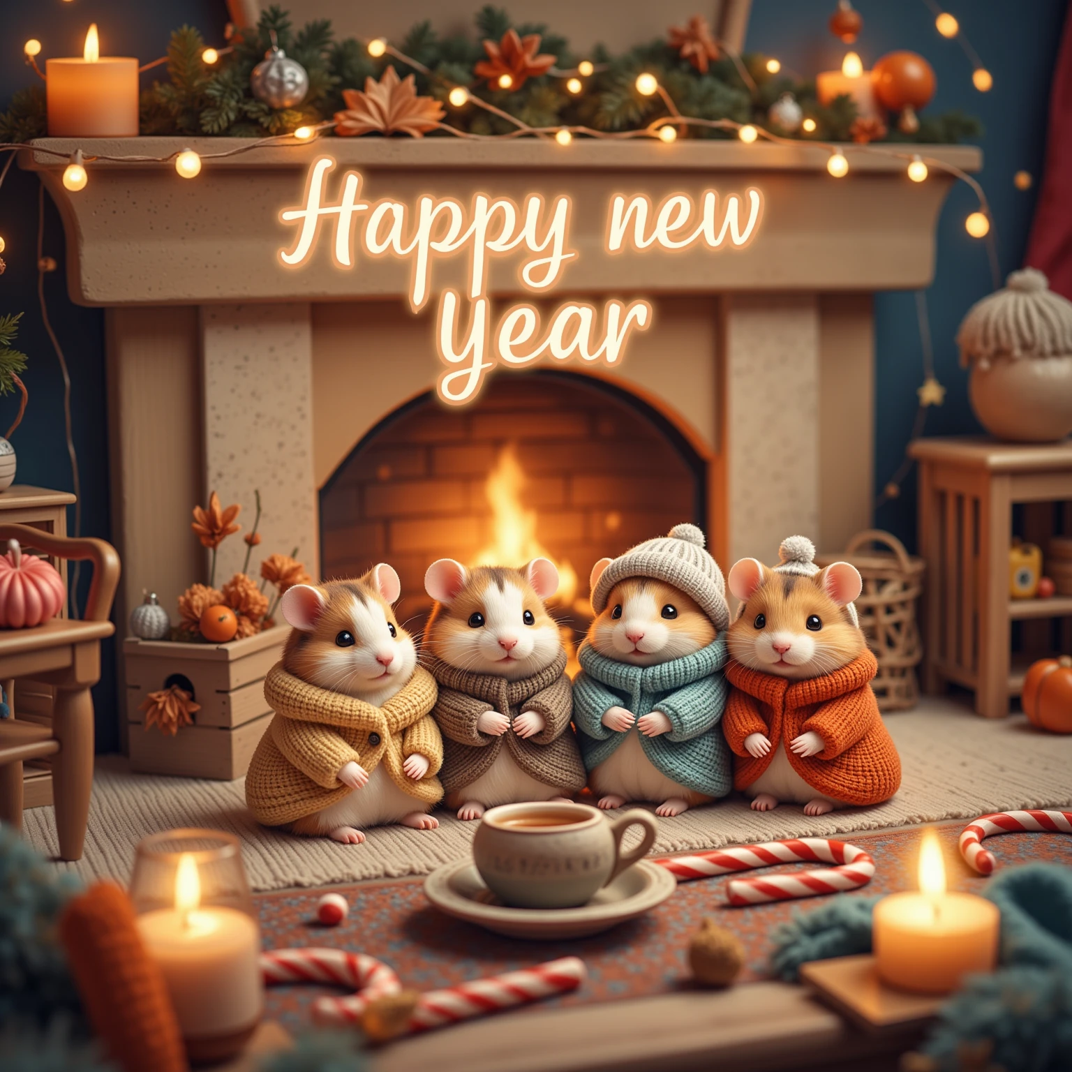 This depicts a scene of cute little hamsters in fluffy winter clothes in a warm house in winter. They are relaxing in front of the fireplace with their family and friends, creating a heartwarming atmosphere. In the background, a cozy living room is illuminated with soft warm lighting. The title text "Happy new year" is placed at the top of the screen in a cute, pop font, adding a festive atmosphere. (In this scene, warm cacao and candy canes are placed on a small table, further enhancing the seasonal feeling.)