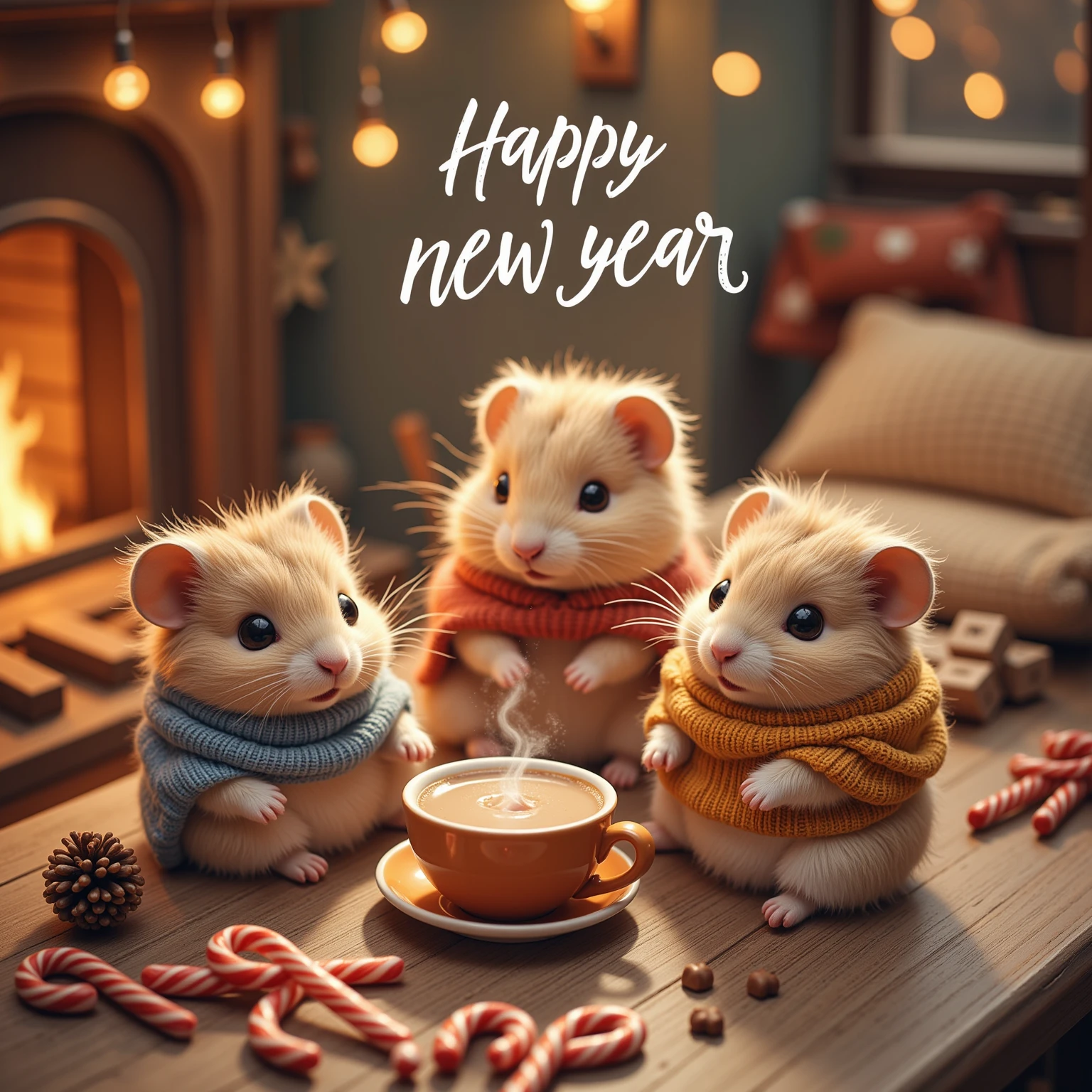 This depicts a scene of cute little hamsters in fluffy winter clothes in a warm house in winter. They are relaxing in front of the fireplace with their family and friends, creating a heartwarming atmosphere. In the background, a cozy living room is illuminated with soft warm lighting. The title text "Happy new year" is placed at the top of the screen in a cute, pop font, adding a festive atmosphere. (In this scene, warm cacao and candy canes are placed on a small table, further enhancing the seasonal feeling.)