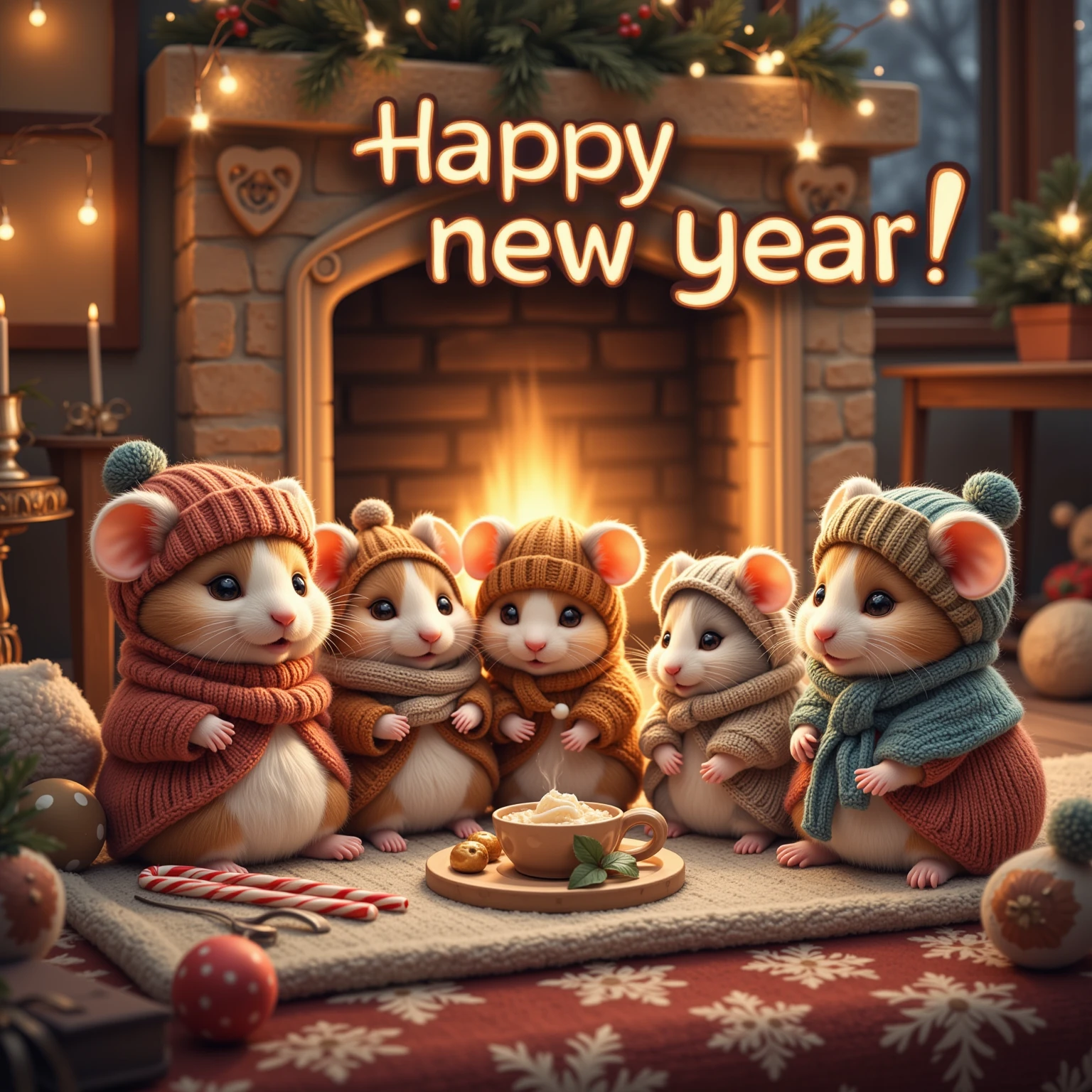 This depicts a scene of cute little hamsters in fluffy winter clothes in a warm house in winter. They are relaxing in front of the fireplace with their family and friends, creating a heartwarming atmosphere. In the background, a cozy living room is illuminated with soft warm lighting. The title text "Happy new year" is placed at the top of the screen in a cute, pop font, adding a festive atmosphere. (In this scene, warm cacao and candy canes are placed on a small table, further enhancing the seasonal feeling.)