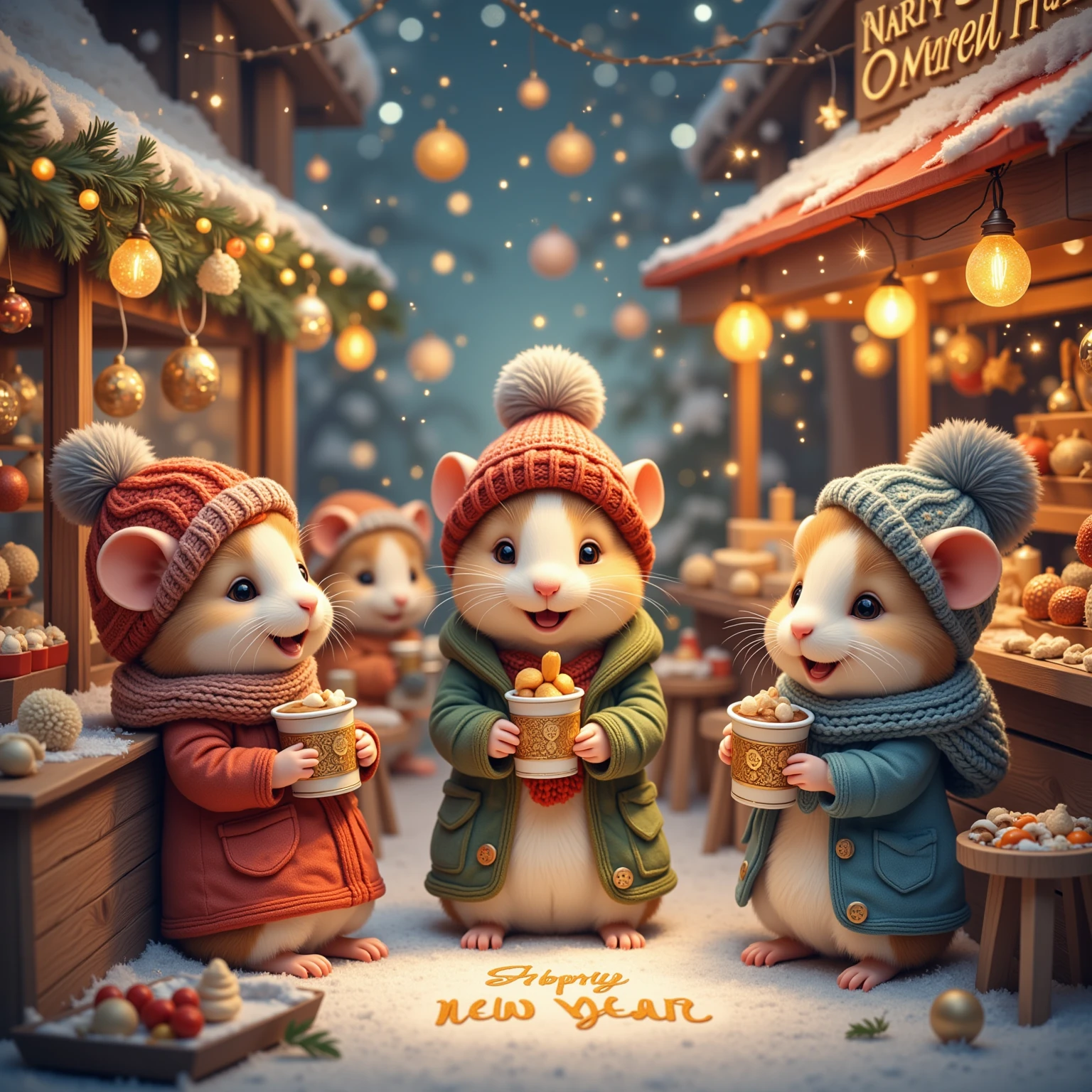  Amidst the bustling atmosphere of a winter market, adorable hamsters, clad in vibrant winter attire, are depicted joyfully exploring the numerous stalls. Some of them are sipping hot chocolate while admiring handcrafted goods and Christmas decorations displayed at various stands. A prominent sign in the midst of the market reads "Happy new year 2025", enhancing the festive environment. Sparkling lights adorn the background, encapsulating the vibrant and warm spirit unique to winter festivities.