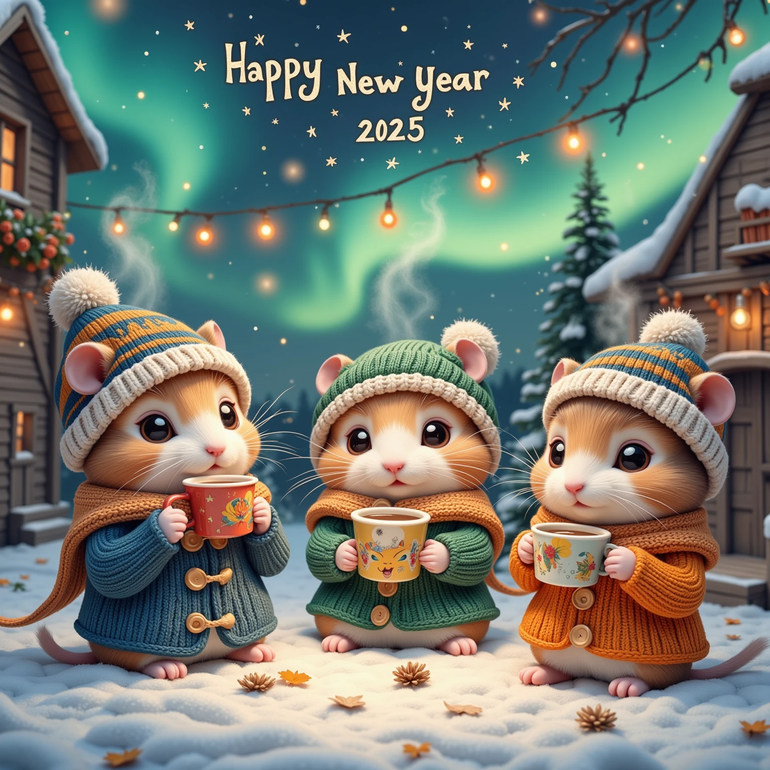 Envision a tranquil winter sunrise casting a gentle golden glow over a quaint countryside hill, where a cozy gathering of charming hamsters is seen in their cutest winter wear. They are enjoying a hearty breakfast picnic on a hand-spun woolen blanket laid over the snow. Above them, soft, luminous clouds gently break apart, while the words "Happy New Year 2025" appear in the sky, written by playful birds in flight. Each hamster is adorned in winter apparel that speaks volumes of handmade love and care — one in a gleaming ruby red sweater with hand-sewn buttons, another in a cheerful mustard yellow hoodie complete with faux-fur trim, and a delightful third in a deep royal blue knit ensemble. Their tiny mittens and booties add an extra layer of endearing warmth to the scene. The breath of the hamsters creates soft misty puffs in the chilly morning air as they share tiny breakfast rolls and sip steaming herbal tea from miniature mugs. Render this picturesque scene using a soft, watercolor-like artistic style that accentuates the delicate morning light and pastel hues, imbuing the image with a serene, dreamlike quality that is comforting and full of whimsical charm.