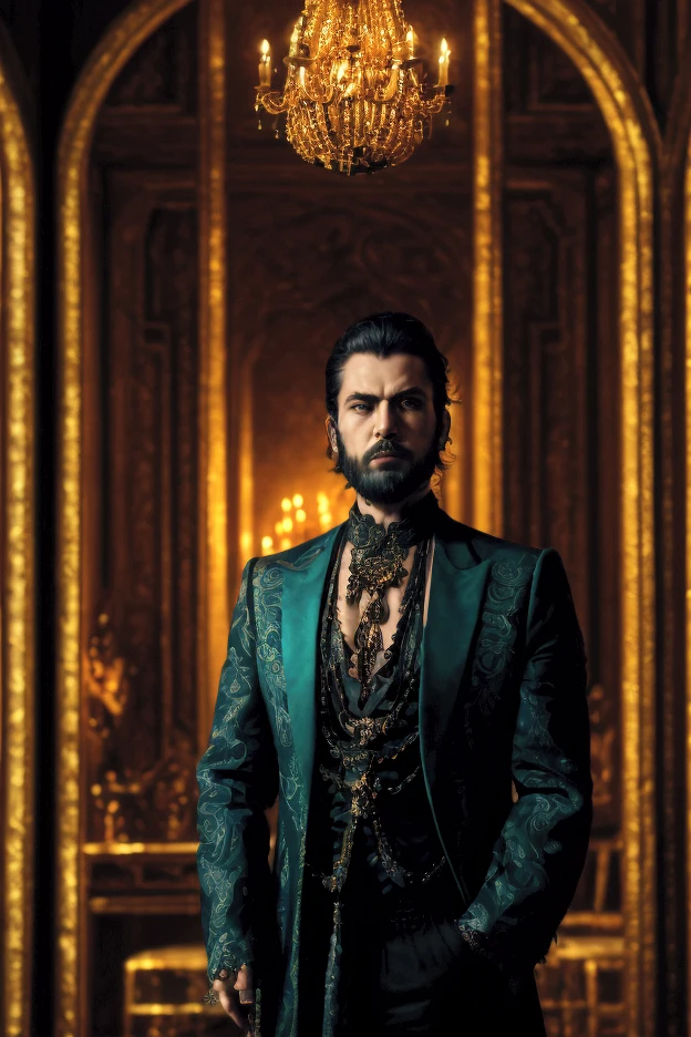 Elegant hyper-realistic portrait, in teal with gold, of a Vampire in richly embroidered formal attire sitting on an ornate throne, evoking gothic ambiance.
He wears a dark teal suit with detailed dragon designs embroidered on the jacket and pants. A decorative dark colored vest over a collared satin shirt, detailed with a dark gold and black pattern. His hair is dark, dramatically styled. He has a subtle, dark trimmed beard, and a sharp-featured macabre expression.
The overall setting is a dark gold and teal room with dim lighting and a large mirror, detailed arched doorways, and high ceilings. 2 gold, copper, and crystal chandeliers with lit candles hang above. The color palette is comprised of dark teal, gold, yellows, and oranges. The background includes elaborate architectural details such as decorative moldings and shadowed arches. Candles in gold goblets illuminate the scene. The overall aesthetic is luxurious and sinister; balanced between sophistication and mystery.