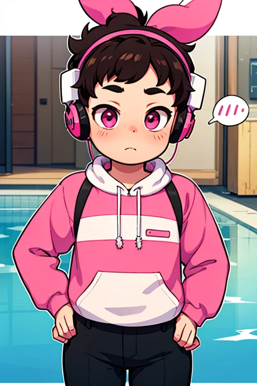 Young man, shota, alone, cute facial expressions, thick hair, detailed body, clothes, pink eyes, headphones on the head, art of speaking, best quality 