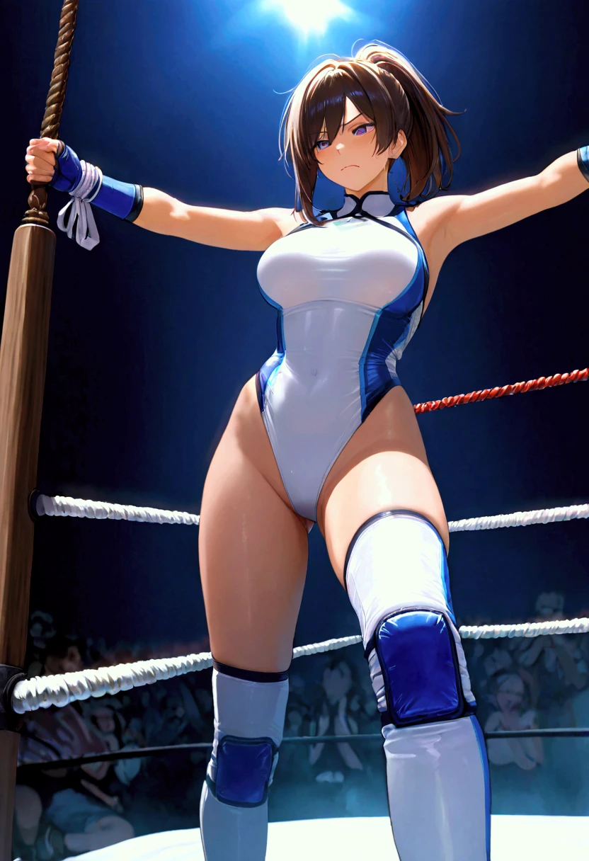 ((((masterpiece)))), (( unity 8k wallpaper,  Photorealistic , ((  detailed face  )),  Female Pro Wrestler with Floating Legs,Umezaki Haruka  ,Frightened face,, Ponytail,ribbon, pure white leotard ,Elbow guard,  leg protector  ,  There are 3 ropes stretched on all sides of pro wrestling,torture,The crotch is sandwiched between the top rope,トップロープを使ったtorture,Walking a rope in the crotch ,Glide the rope in your crotch , your crotch burns due to friction with the rope ,I'm in agony by sandwiching my crotch with a rope, There are 3 ropes stretched on all sides of pro wrestling