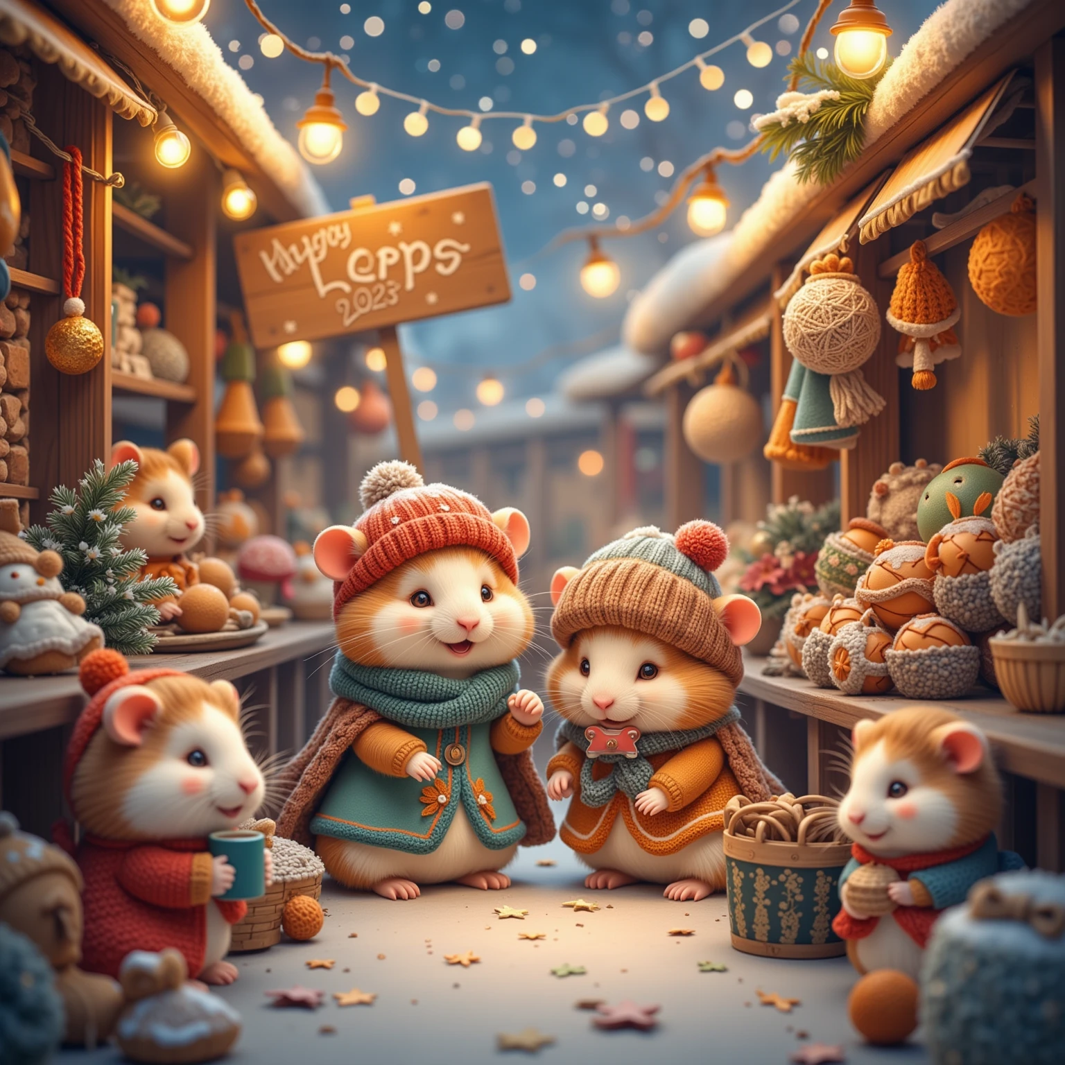 Envision a tranquil winter sunrise casting a gentle golden glow over a quaint countryside hill, where a cozy gathering of charming hamsters is seen in their cutest winter wear. They are enjoying a hearty breakfast picnic on a hand-spun woolen blanket laid over the snow. Above them, soft, luminous clouds gently break apart, while the words "Happy New Year 2025" appear in the sky, written by playful birds in flight. Each hamster is adorned in winter apparel that speaks volumes of handmade love and care — one in a gleaming ruby red sweater with hand-sewn buttons, another in a cheerful mustard yellow hoodie complete with faux-fur trim, and a delightful third in a deep royal blue knit ensemble. Their tiny mittens and booties add an extra layer of endearing warmth to the scene. The breath of the hamsters creates soft misty puffs in the chilly morning air as they share tiny breakfast rolls and sip steaming herbal tea from miniature mugs. Render this picturesque scene using a soft, watercolor-like artistic style that accentuates the delicate morning light and pastel hues, imbuing the image with a serene, dreamlike quality that is comforting and full of whimsical charm.