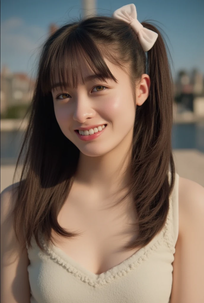 cut ( small ), (18 years old), ( とても small頭 ), dawn, sunlight, ( perfect body:1.1), ( shorthair ), (8k), ( very delicate and beautiful ), ( top quality :1.0), ( extremely realistic skin texture :1.4)、( realistic:1.3)、  realistic Shadows, ( high resolution:1.0),  detailed skin,  very detailed,  slim body , ( beautiful hair, REAL HAIR , Thin Hair), ,  realistic,  realistic Face,  realistic eyes,  small eyes, smile, ((( colorful ))), ( eyeliner ), ( mascara), ( eyeshadow), whole body、((( open legs pose 、Nipples、Completely naked、Thick pubic hair)))、 Ponytail