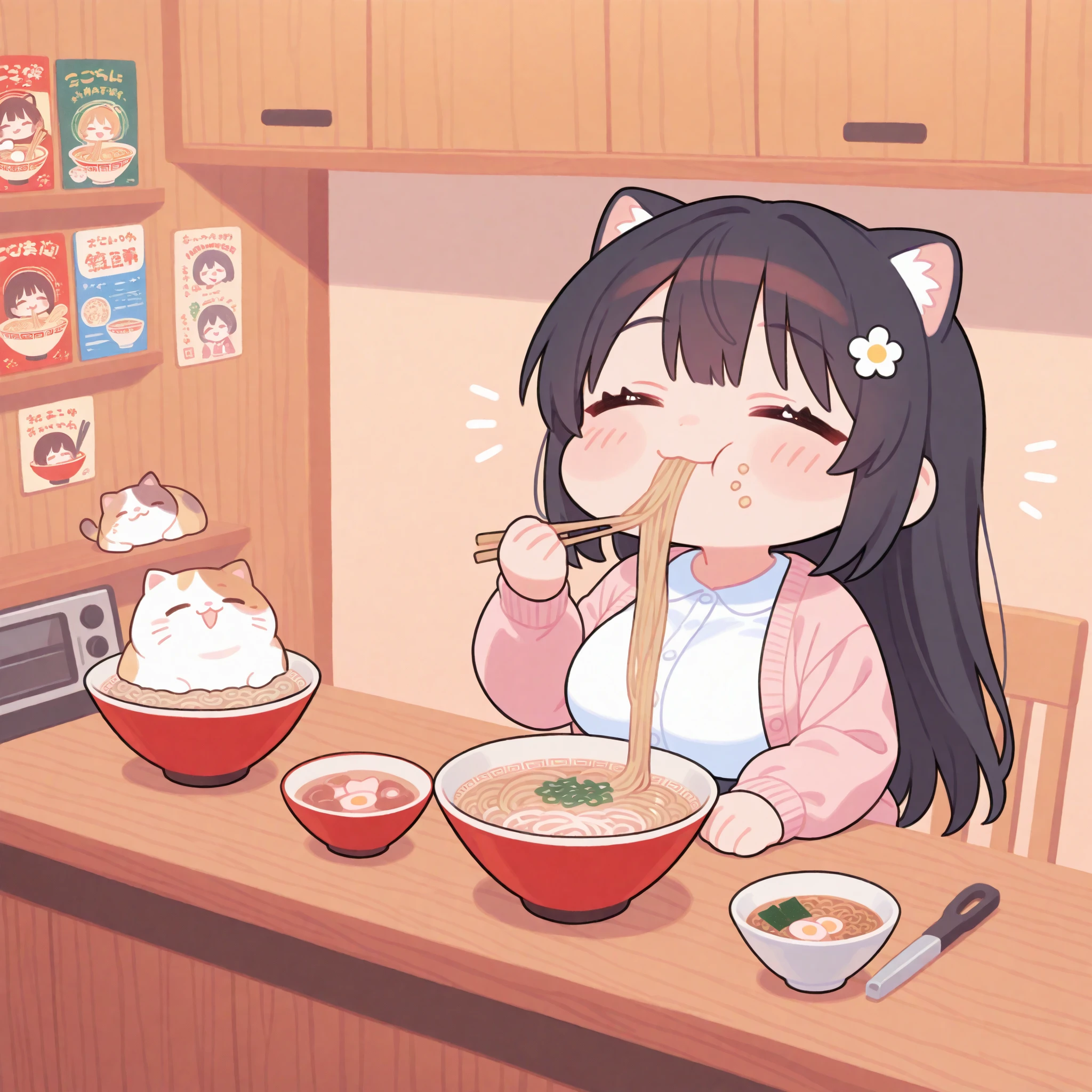 1girl\((detailed face), (detailed eye), (chibi:1.4), cute, famous idol, very beautiful, cute cool face, (cute colored casual outfit)  (cool nylon jacket:1.2), (large breast), (eating ramen:1.3),sitting at the simple chair\), at the counter, simple ramen shop\), with cute giant fat cat. background\(in Japan, (huge bowl of (gorgeously decorated:1.3) ramen, on the smooth wooden counter:1.3),simple ramen shop  warm winter sunshine,  (the ramen master of the giant fat cat is mewing:1.3), (detailed giant fat cat:1.3), (many kind of cooking tools)\), happymood, happy smile,