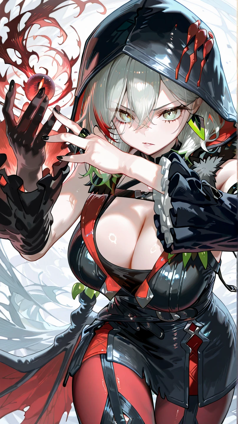 { top quality , masterpiece, high res, anatomically correct , Detailed Fingers , detailed hands ,Detailed legs, detail eyes:1.5}, {diabellstar the black witch,cleavage,black nails,ring,large breasts,hood up,red pantyhose,single black glove,single black detached sleeve,black hood,black dress,green earrings,single black wing}, simple white background,  dynamic pose,  cowboy shot,  from your hand and direct your gaze, 