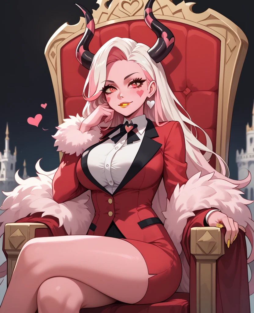 woman, big breasts, yellow lipstick, white hair, light pink hair, multicolored hair, long hair, horns, red eyes, pink skin, fusion, anime style, red suit, sitting on a throne, pink feather scarf, hell, solo, black heart mark on cheek, Charlie 