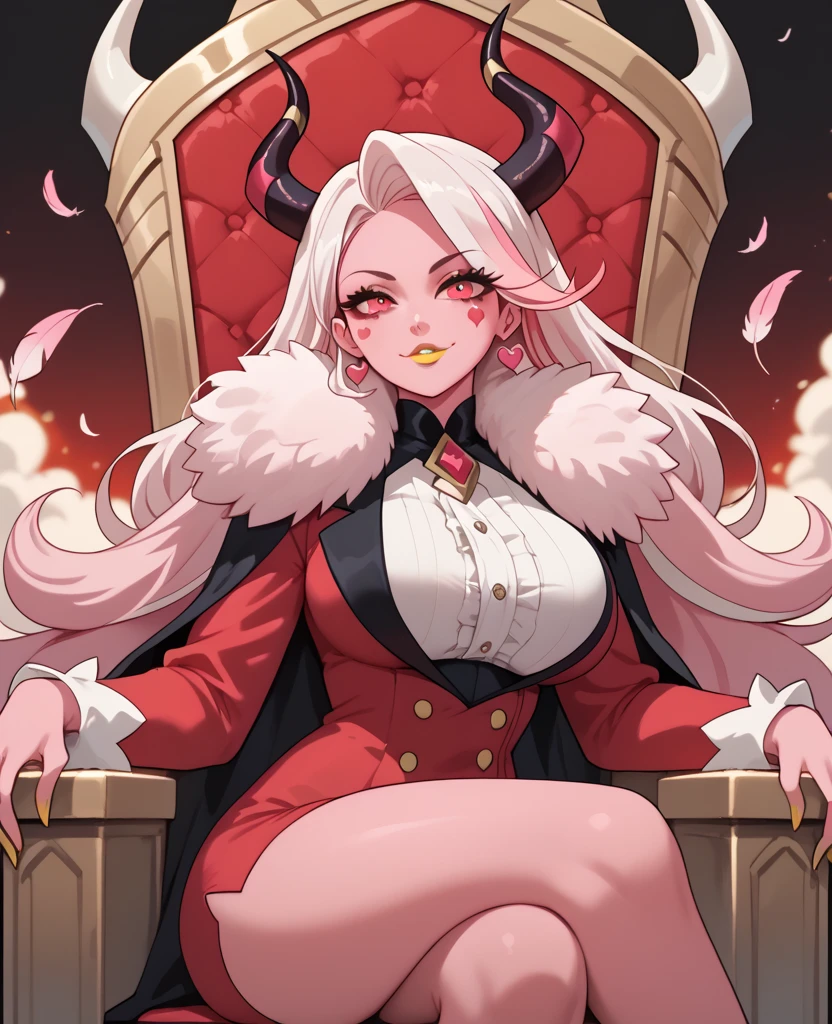 woman, big breasts, yellow lipstick, white hair, light pink hair, multicolored hair, long hair, horns, red eyes, pink skin, fusion, anime style, red suit, sitting on a throne, pink feather scarf, hell, solo, black heart mark on cheek, Charlie 