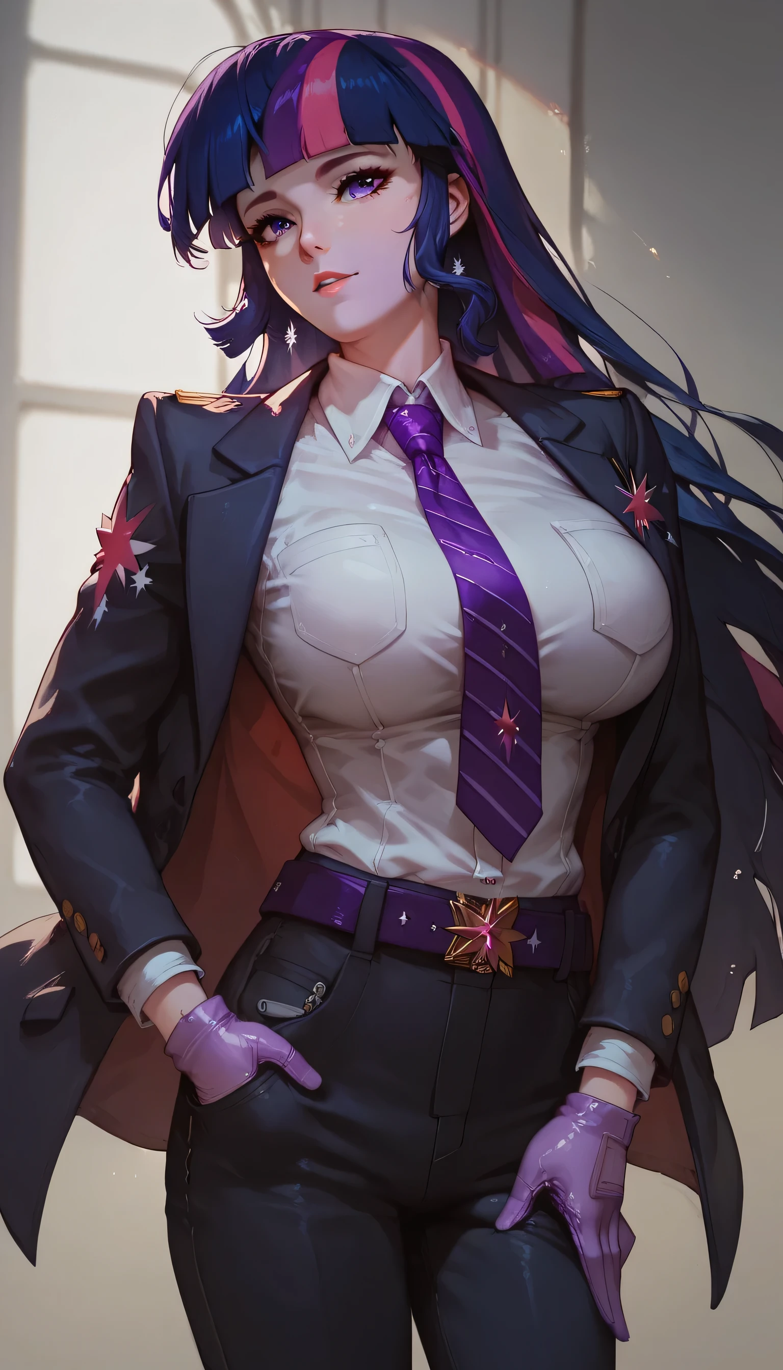 1girls, solo, female_focus, necktie, formal, gloves, suit, , adjusting_clothes, belt, hand_in_pocket, shirt, simple_background, white_background, jacket, pants, long_sleeves,large breast,Expressiveh,Twilight Sparkle, Blue hair, Purple eyes, purple hair, long hair