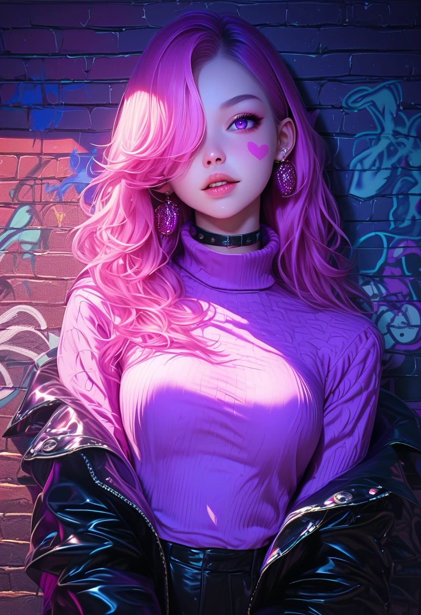 score_9, score_8_up, score_7_up, detailed, 1girl, solo, intricate details, chromatic aberration, realistic, long hair, pink hair, red head ornament, pink highlights, hair over one eye, purple eyes, earrings, sharp eyes, choker, neon shirt, torn legwear, open jacket, turtleneck sweater, night,against wall, brick wall, graffiti, dim lighting, alley, looking at viewer