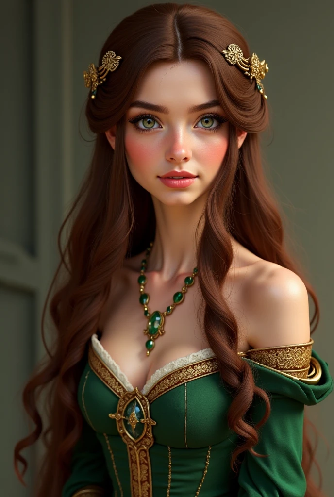 Portrait, Full body, young lady woman, oval face, pale skin, long redhair with very big curls, green emerald eyes, cruled and thick lashes, plumper soft red-rose juicy lips, soft smile, soft blushy cheeks, dressed in a blue-white with gold intrincate details medieval gown with very deep V neckline, very big tear shapped bossoms, slim perfect body, Beautiful hair, Makeup, Octane render, 8k, Beautiful lighting, Golden ratio composition