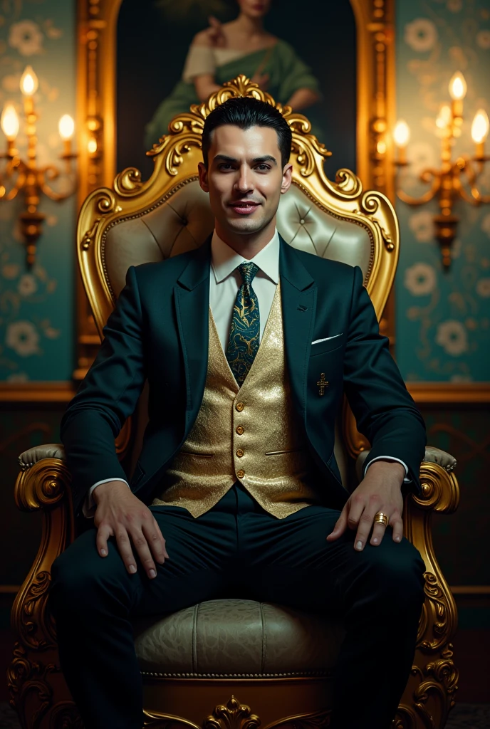 A Vampire in an ornate dark teal suit sits regally on a golden throne. He is surrounded by baroque, gold and dark teal decorative elements. Hyper-realistic details are key, showing the complexity of the fabrics, textures and craftsmanship: two chandeliers on the sides and a large lost gothic mirror in the background. High ceilings. The lighting is dramatic, highlighting the ghoulish, sharp features of the vampire man displaying his long, menacingly shaped fangs and the intricate carvings on the throne. The suit has a subtle paisley print, and a gold vest complements the dark teal. His tie has a rich dark teal print on a cream/gold background. He has short dark hair, a strong jaw and a serious expression. Candles with flickering flames cast a warm yellow light. The background of the throne is a teal-colored patterned background, reminiscent of a historical painting. A ring on his ring finger is prominent. The overall impression is one of power, wealth and opulence, evoking the feeling of a historical or fantasy figure. Focus on the intricate details of the fabric and the richness of the colors and materials.