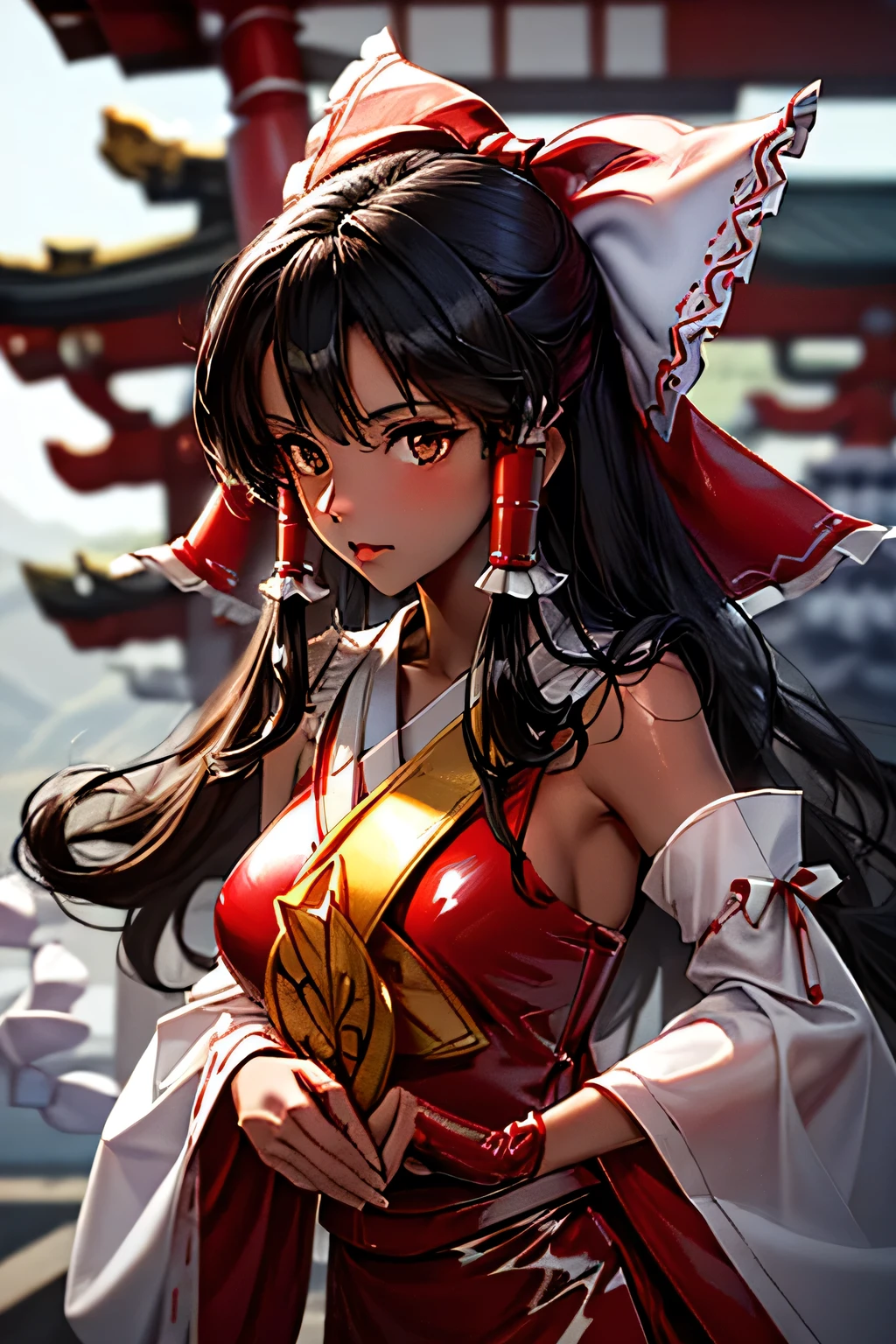  perfect anatomy　 top quality , Highest Resolution ,(((white and red latex shrine maiden dress with metallic luster　 brown eyes　Black Hair　 shiny white skin )))　 detachable sleeves 　Reimu Hakurei　[blurry]　16k
