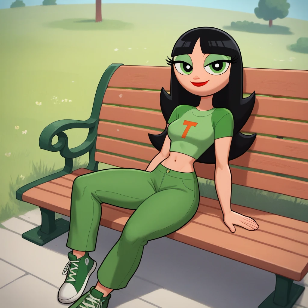score 9, Buttercup, 1girl, solo, black hair, long hair, navel, midriff, green shirt, green footwear, green pants, closed mouth, red lipstick, smile, bench, sitting on a bench, looking at viewer, xierra099’s style
