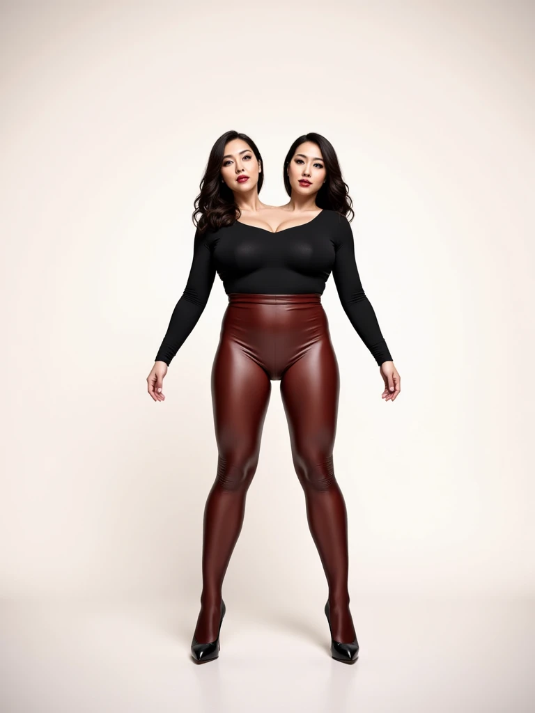 2 heads,Portrait of a 60 year old woman with short brown hair, captivating gaze, brown eyes, wrinkles on her face, black pantyhose,high heel boots,reveals her big saggy breasts, light makeup and red lips. 32k
