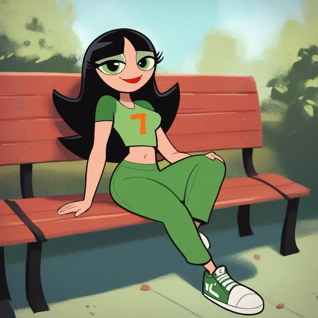 score 9, Buttercup, 1girl, solo, black hair, long hair, navel, midriff, green shirt, green footwear, green pants, closed mouth, red lipstick, smile, bench, sitting on a bench, looking at viewer, xierra099’s style