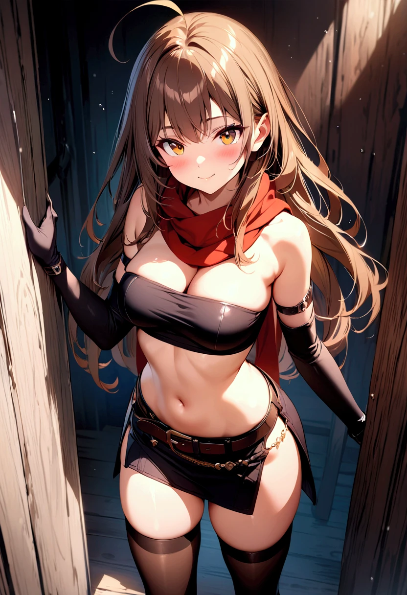 (masterpiece),(best quality),(ultra-detailed),(best illustration),(best shadow),(detailed background), 1girl, solo, thighhighs, gloves, long-hair, brown-hair, breasts, navel, smile, medium-breasts, black-thighhighs, belt, brown-eyes, midriff, bandeau, simple-background, looking-at-viewer, cleavage, tube-top, skirt, strapless, side-slit, standing, scarf, ahoge, yellow-eyes, elbow-gloves, blush, bare-shoulders, arm-strap
