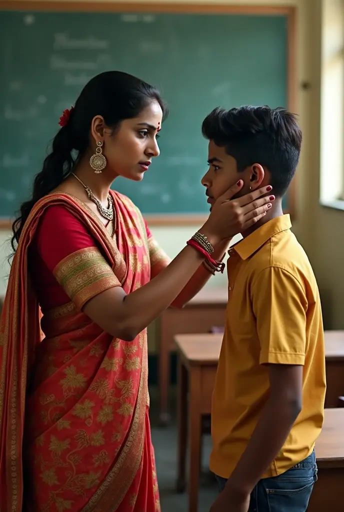 female teacher saree pinching male student ear