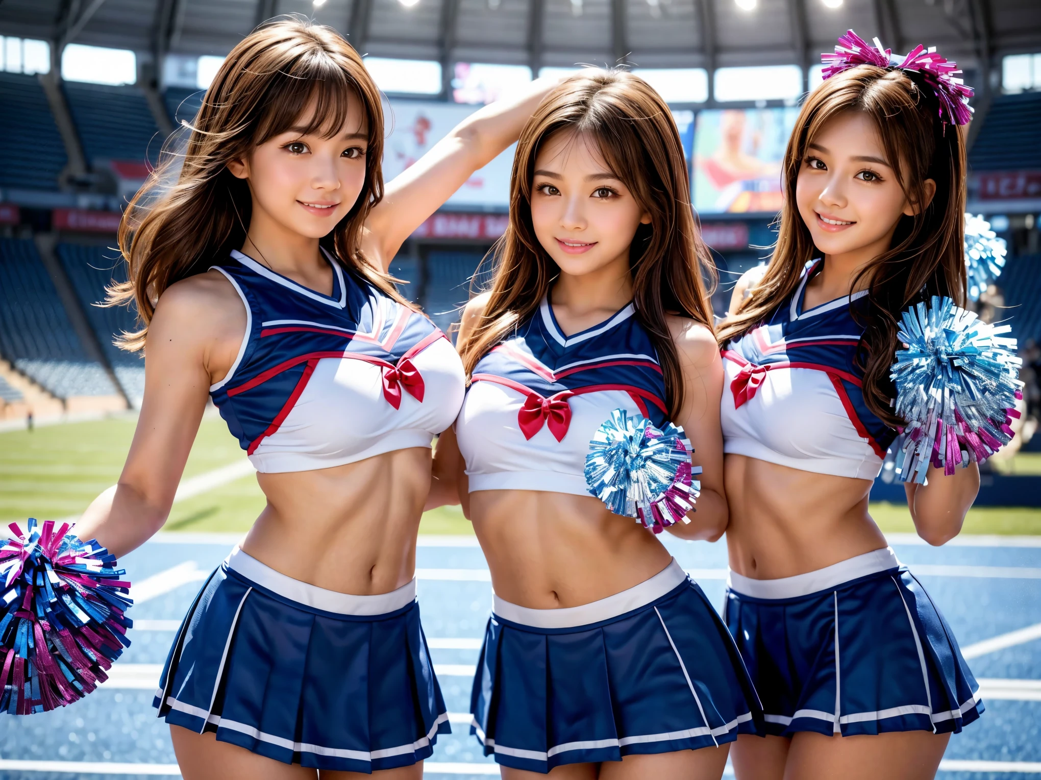 masterpiece, top quality, very detailed bust, high definition , ( realistic , photo realistic :1.37), excellent anatomy, 4 Beautiful Women ,(well-proportion:1.3) 4 Cheerleaders , (With pom-poms in both hands:1.4),smile, cheerleading,(blue cheerleader uniform:1.4),( Ultra Super Short Micro Mini Skirt:1.4),( Very Delicate and Beautiful ), (stadium background:1.2), Brown Hair, long hair, bangs, very beautiful face , cute type, Big Natural Colored Lips, SMALL AND CUTE NOSE , big, pretty eyes , brown eyes, Obvious double, Sparkling Highlight Spots Around Eyes , character focus, tilting your head , The best light, Best Shadow, mysterious in another dimension, perfect face, very detailed bust, My skin, ( Glowing Skin , sweated: 1.2),( anatomically correct), beautiful legs with tails, Full Thighs ,Well-balanced physique,Big Breasts,( Expressing the Roundness and Softness of the Chest .........1), beautiful body, (Perfect Woman), spread her legs,(Provocative cheerleading 4人同じpose)