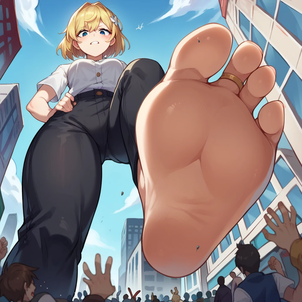 score_9, score_8_up, score_7_up, source_anime, BREAK pov: under giantess,White skin tone, white shirt, black pants, blonde hair,from below,stomp,soles,barefoot,crowd panic,city