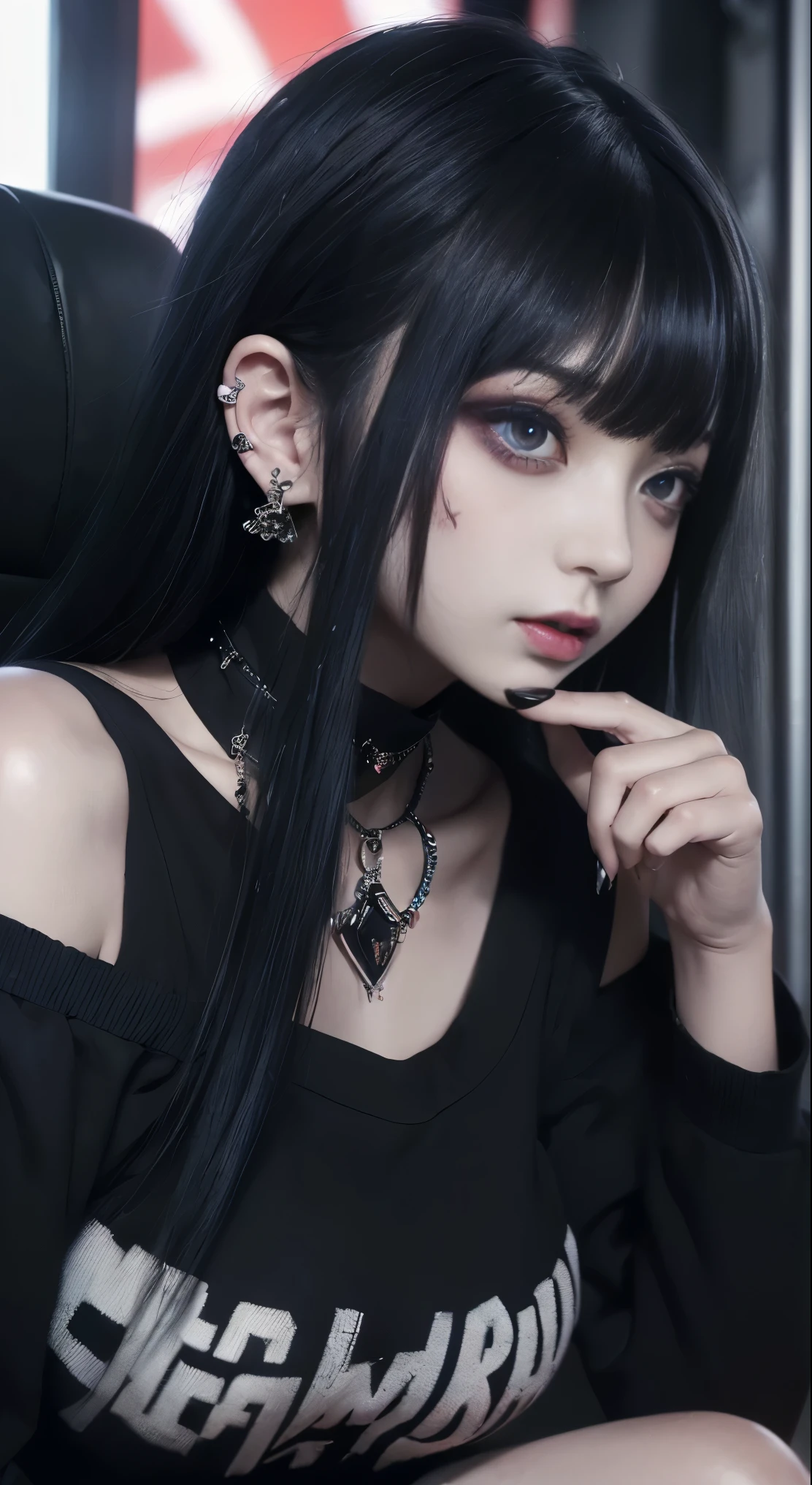 (masterpiece, best quality:1.2), 1girl, solo,jiraai,1girl, 3d, bangs, black hair, black nails, blunt bangs, blurry, blurry background, blurry foreground, chain, chromatic aberration, cross earrings, depth of field, ear piercing, earrings, grey background, grey eyes, jewelry, lips, long hair, looking at viewer, motion blur, multiple rings, nail polish, neck tattoo, photo \(medium\), piercing, red lips, ring, simple background, solo, teeth, thumb ring, twintails