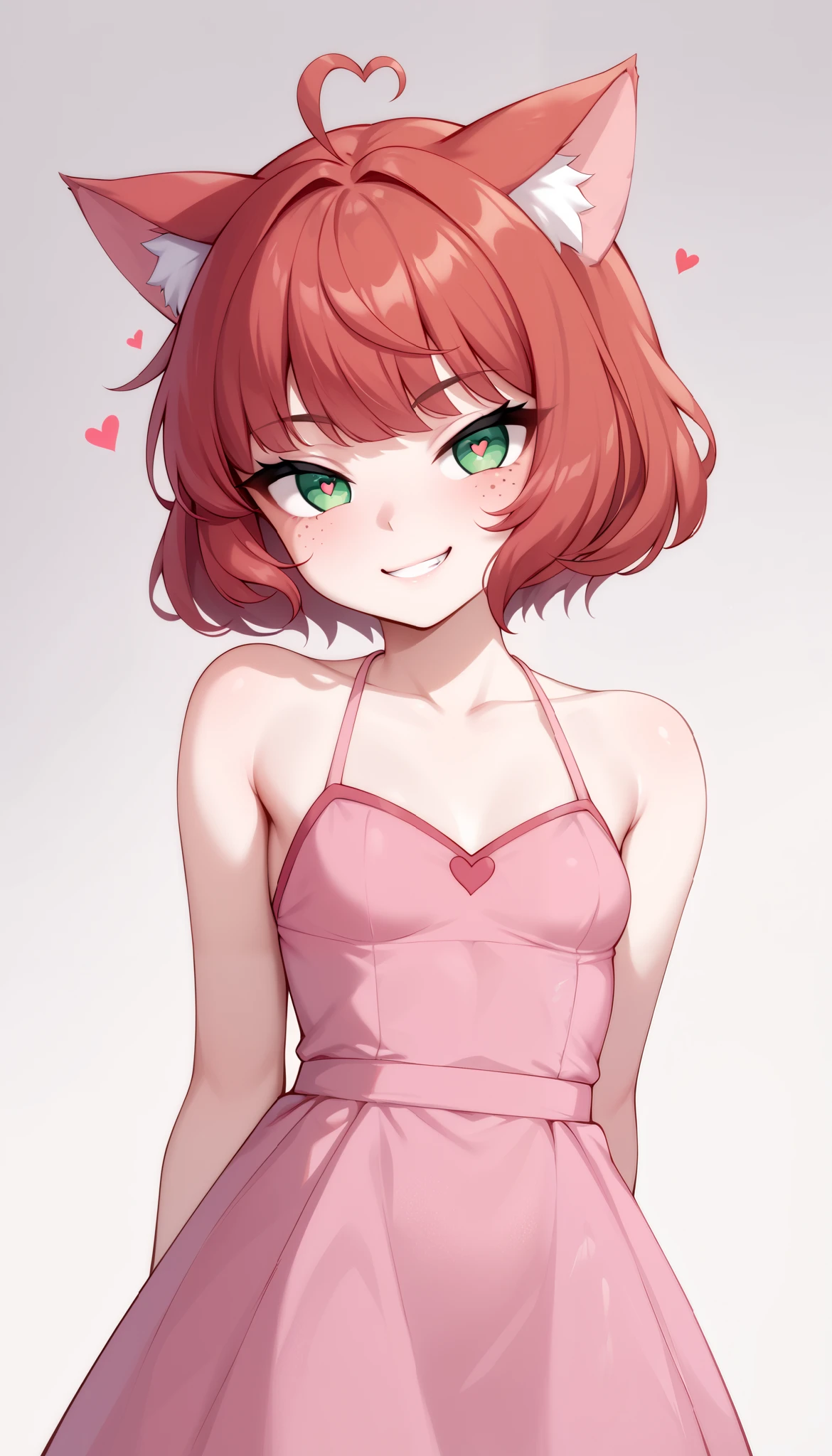 1 Girl, Small Breasts, Green Eyes, Heart Eyes, Deep Red Hair, Short Hair Style, Pale White Skin, Smooth Skin, Face Freckles, Slutty, Sexy, Sassy, Smirking, Tease, Teasing, Teasing, Sexy Pose, Young Girl, Very Girl, Cute Pink Dress, cat ears