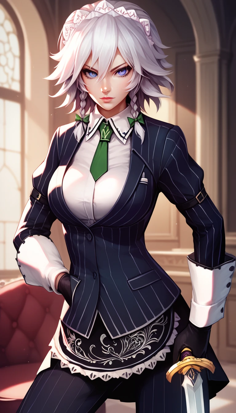  izayoi sakuya, white hair, sword, blue eyes, short hair, braid, maid, twin braids, maid headdress, , pocket watch, looking at viewer,1girls, solo, female_focus, necktie, formal, gloves, suit, , adjusting_clothes, belt, hand_in_pocket, shirt,, , jacket, pants, long_sleeves,large breast,