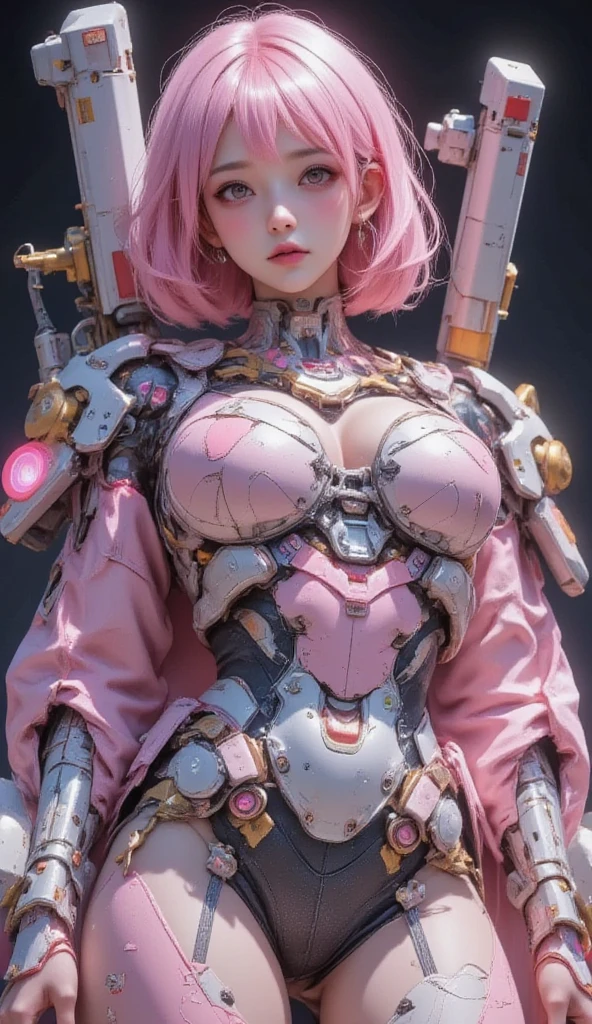 1mechanical_girl_with_kidou_keisatsu_patlabor_body , wearing_intricate_bioluminescent_mechanical_cyborg_armor_made_out_of ((white_beige_old_plastic)) , ((ultra realistic details)), detailed_face, global_illumination, shadows, octane_render, 8k, ultra_sharp, metal, ornaments_detailed, cold_colors, egypician_detail, highly_intricate_details, realistic_light, trending_on_cgsociety, glowing_eyes, look down on someone, ((from below)), lifted by self, looking at viewer, neon_details, machanical_limbs, blood_vessels_connected_to_tubes, ((lot_wires_and_cables_connecting_to_head_and_body)), killing_machine, extremely_sexy, lustful, medium breasts, slutty , official wallpaper, NSFW, In the style of Neon Genesis Evangelion, you find yourself standing on a desolate, post - apocalyptic wasteland, as the distant ruins of a massive city loom on the horizon. The sky is filled with ominous clouds, as a massive creature towers in the distance, cinematic light, dramatic light, pink + violet