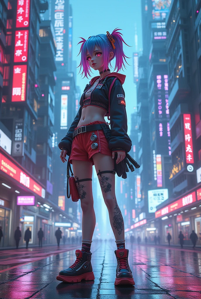 (cyberpunked),Optical camouflage、VR Goggles、Neon light、City of the Future、Jumpsuit、(1girl in, Solo:1.6),(Cute smile),(Clothes are simple), (Best Impact:1.5), (maximalism:1.7), Vivid contrast, (Realistic), hyperrealistic illustrations, hight resolution, ultra-detailliert, absurderes,(Fractal Art:1.3)、Random hairstyle、Random hair color colorful、FULL BODYSHOT、Retro、Precise focus、randome pose、cinema4d、Drama