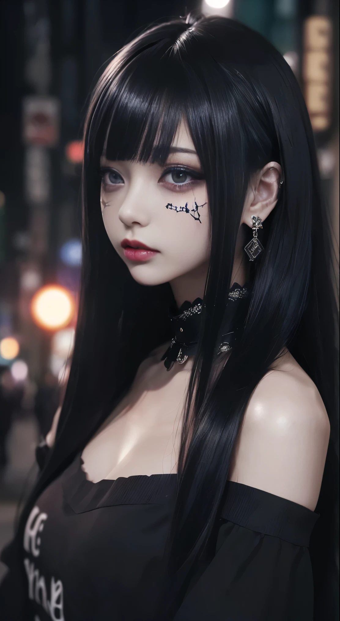 Cinema Lighting、(Key Light：The front is at a 45 degree angle , Subsidy Light、Backlight、shadow、 blue and orange color palette ),  accurate human body、 Knowledgeable person 、Correct five fingers、 RAW photos、4K - ultra-vivid、 top quality , masterpiece, Super high resolution, (reality: 1.4), 


(((, growing skin that exposes genitals、  realistic skin texture  、 Beautiful Skin in Every Detail、 Shiny Skin、 Shiny Skin)))、

Beautiful young people, 19-year-old  girl , 魅力的な girl , クールな girl 、 girl 、 、 black mask 、((赤いHeavy makeup))、((Big Breasted )) 、  girl 1人,  purple eyes,  Off Shoulder Sweater Dress , Cinema Lighting、Purple and black hair、(Mine  girl 、 gothic makeup 、My Makeup)、( earrings for women with first name、Big Breasted 、Oversized black t-shirt with open shoulders 、ダーク )、((Heavy makeup、, growing skin that exposes genitals、  realistic skin texture  、 beautiful long hair 、 Shiny Skin)), Dark city at night、Kabukicho、 Dark Cyberpunk 、( full shot:1.8)、Thin legs、Thin arms、Narrow shoulders、 thin waist、 slender body、Big Breasted 、whole body