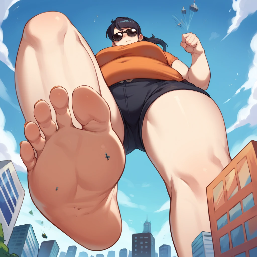 score_9, score_8_up, score_7_up, source_anime,  BREAK      pov: under giantess,Orange shirt, black shorts, black sunglasses,white Skin tone,Ponytail hair,Chubby,from below,stomp,city,soles,Black hair 