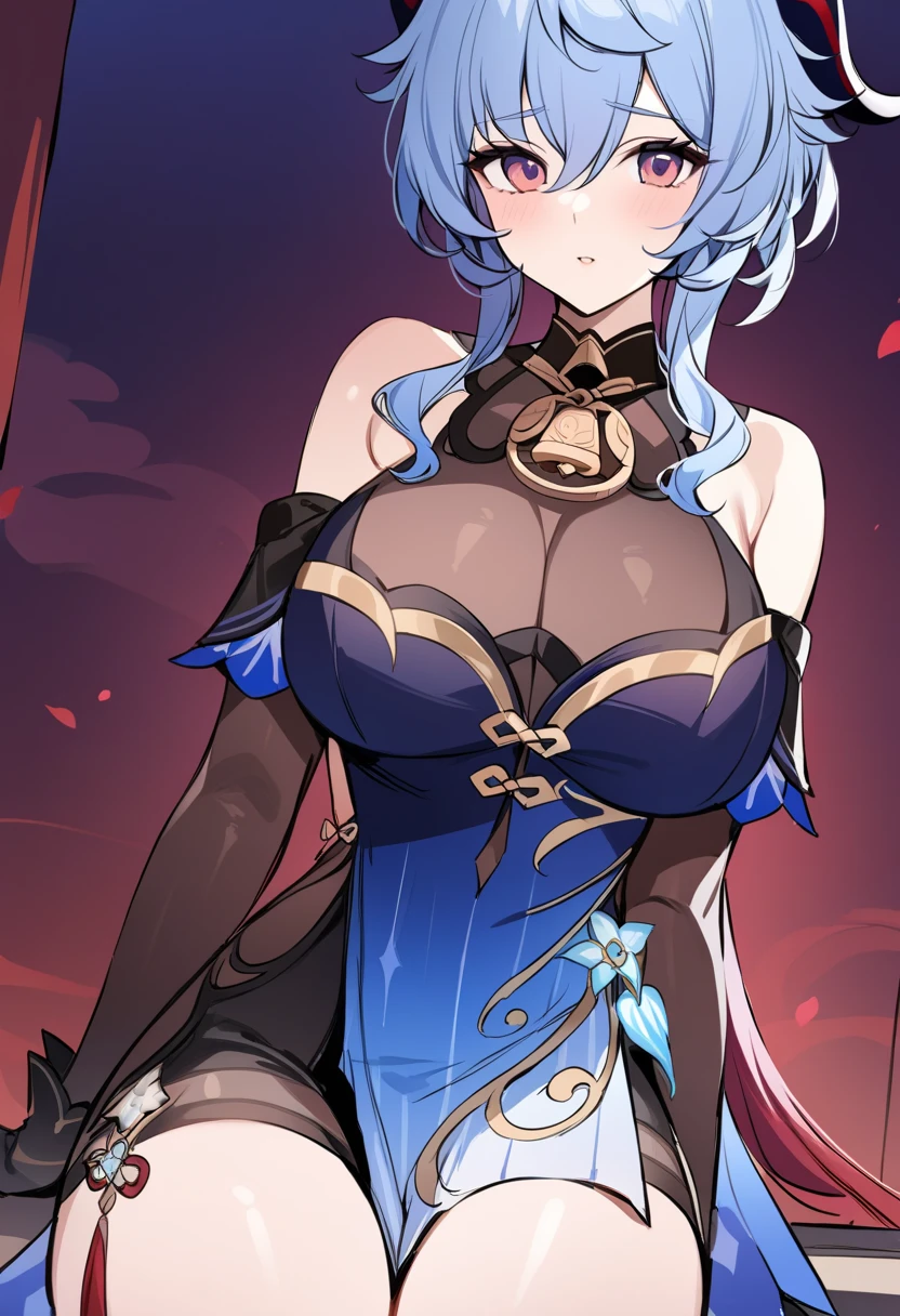 ((masterpiece)), (( top quality )),  high resolution,  game cg,  bright , look at viewer,  one woman,  Cowboy Shots,  1 woman , Alone, ganyu \(genshin impact\), 1girl, Alone, sblack gloves, bare shoulders, breasts, elbow gloves, sketch, neck bell, blue dress, alternate costume, detached sleeves,  huge breasts, thick legs