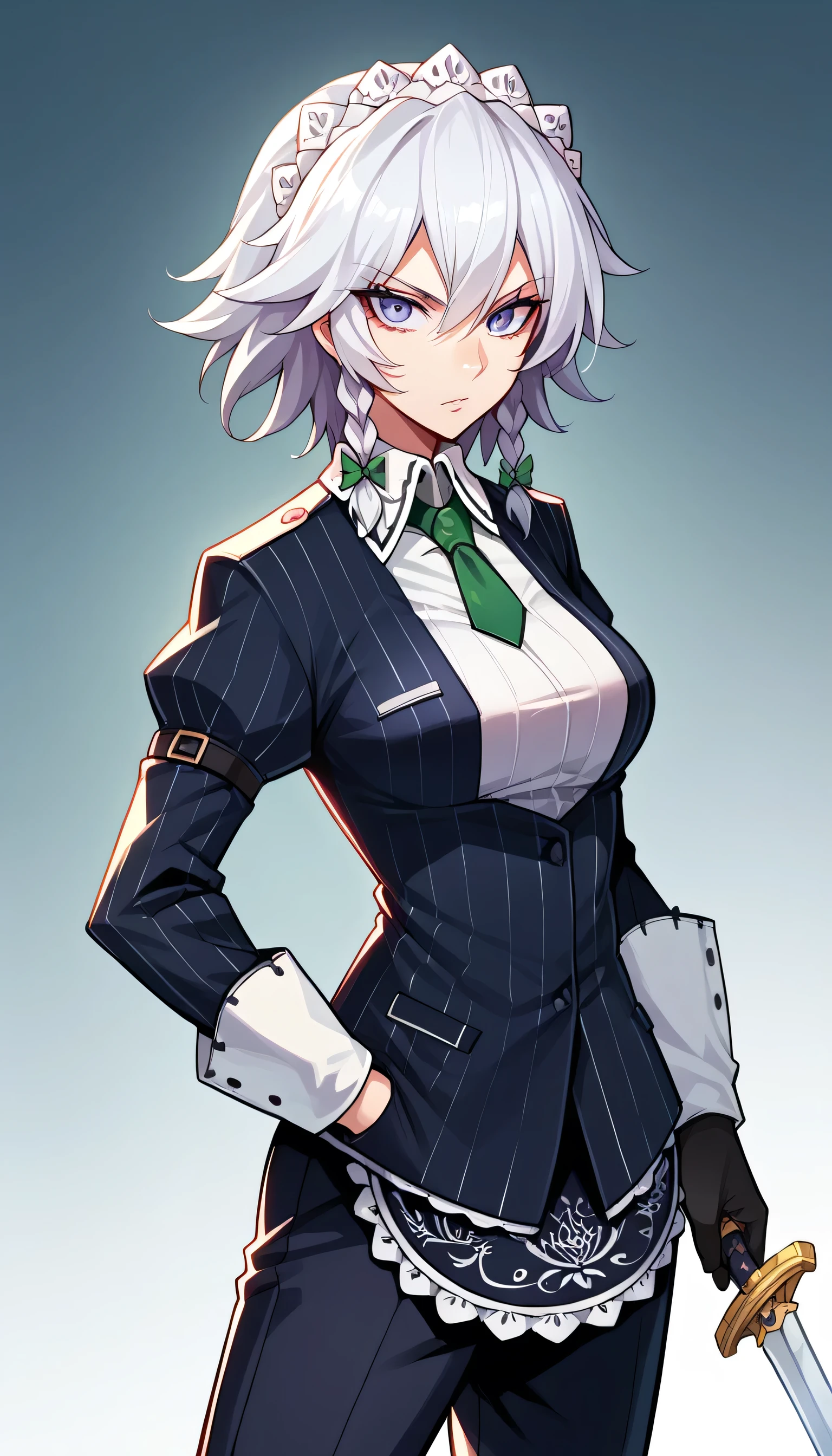 izayoi sakuya, white hair, sword, blue eyes, short hair, braid, maid, twin braids, maid headdress, , pocket watch, looking at viewer,1girls, solo, female_focus, necktie, formal, gloves, suit, , adjusting_clothes, belt, hand_in_pocket, shirt,, , jacket, pants, long_sleeves,large breast,No skirt, pants 