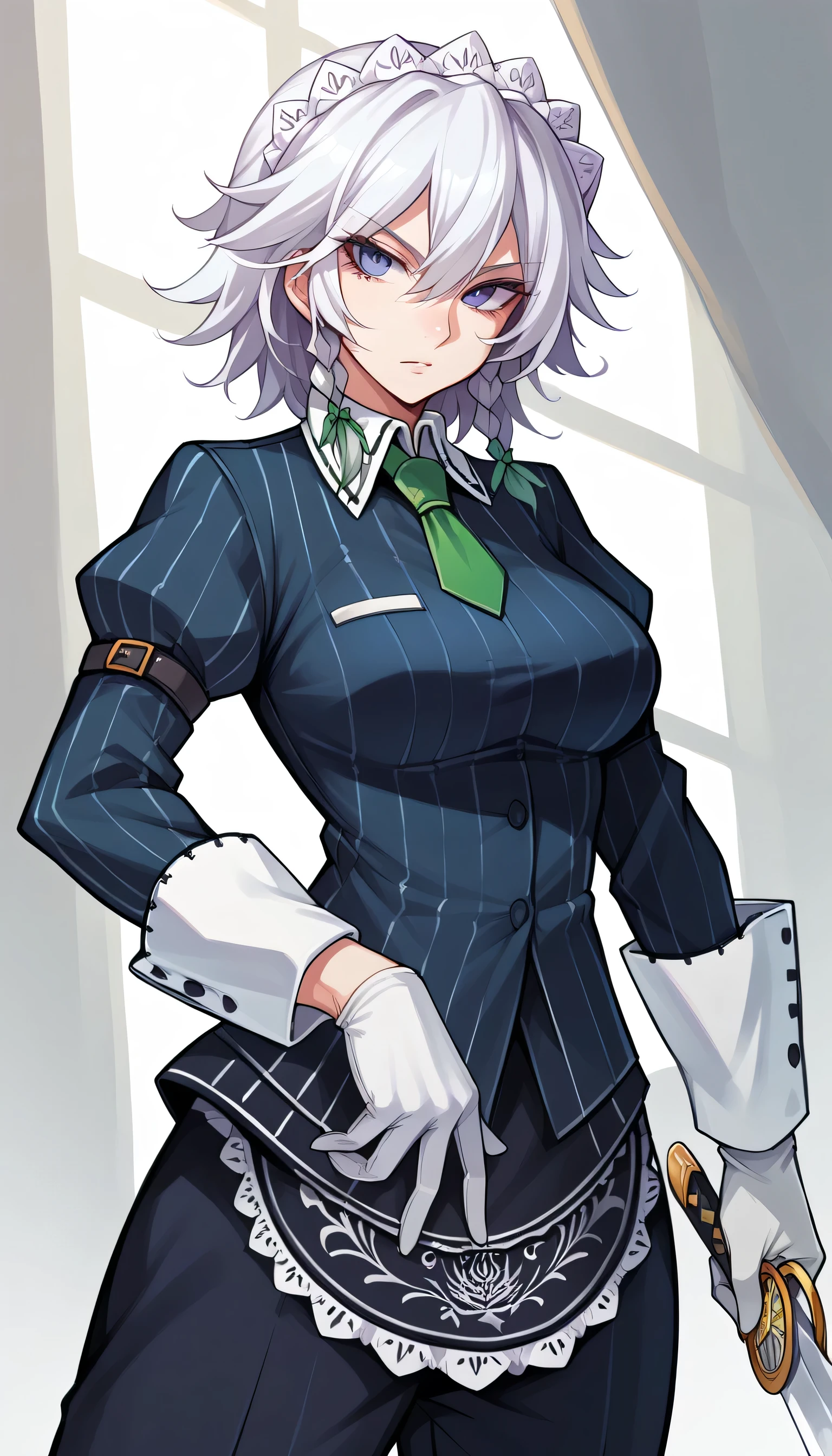 izayoi sakuya, white hair, sword, blue eyes, short hair, braid, maid, twin braids, maid headdress, , pocket watch, looking at viewer,1girls, solo, female_focus, necktie, formal, gloves, suit, , adjusting_clothes, belt, hand_in_pocket, shirt,, , jacket, pants, long_sleeves,large breast,No skirt, pants 